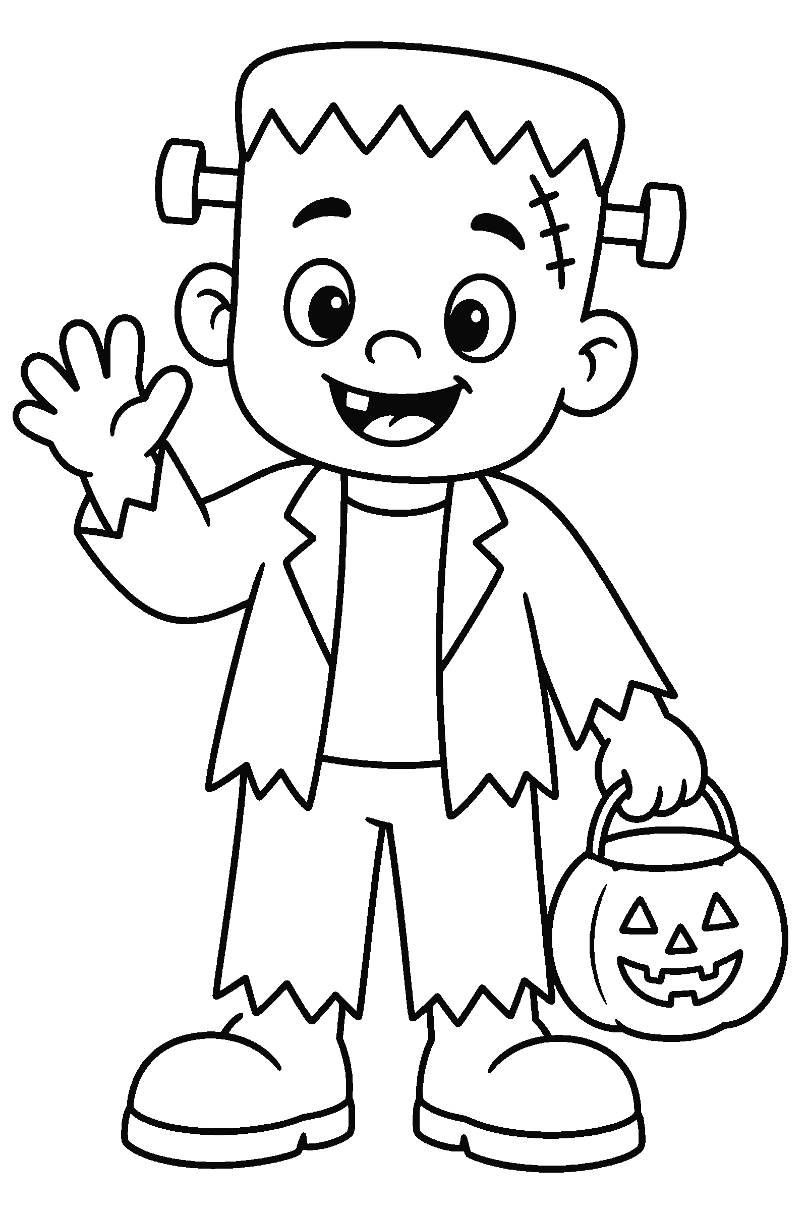 Coloring page of a friendly cartoon monster with bolts waving hello