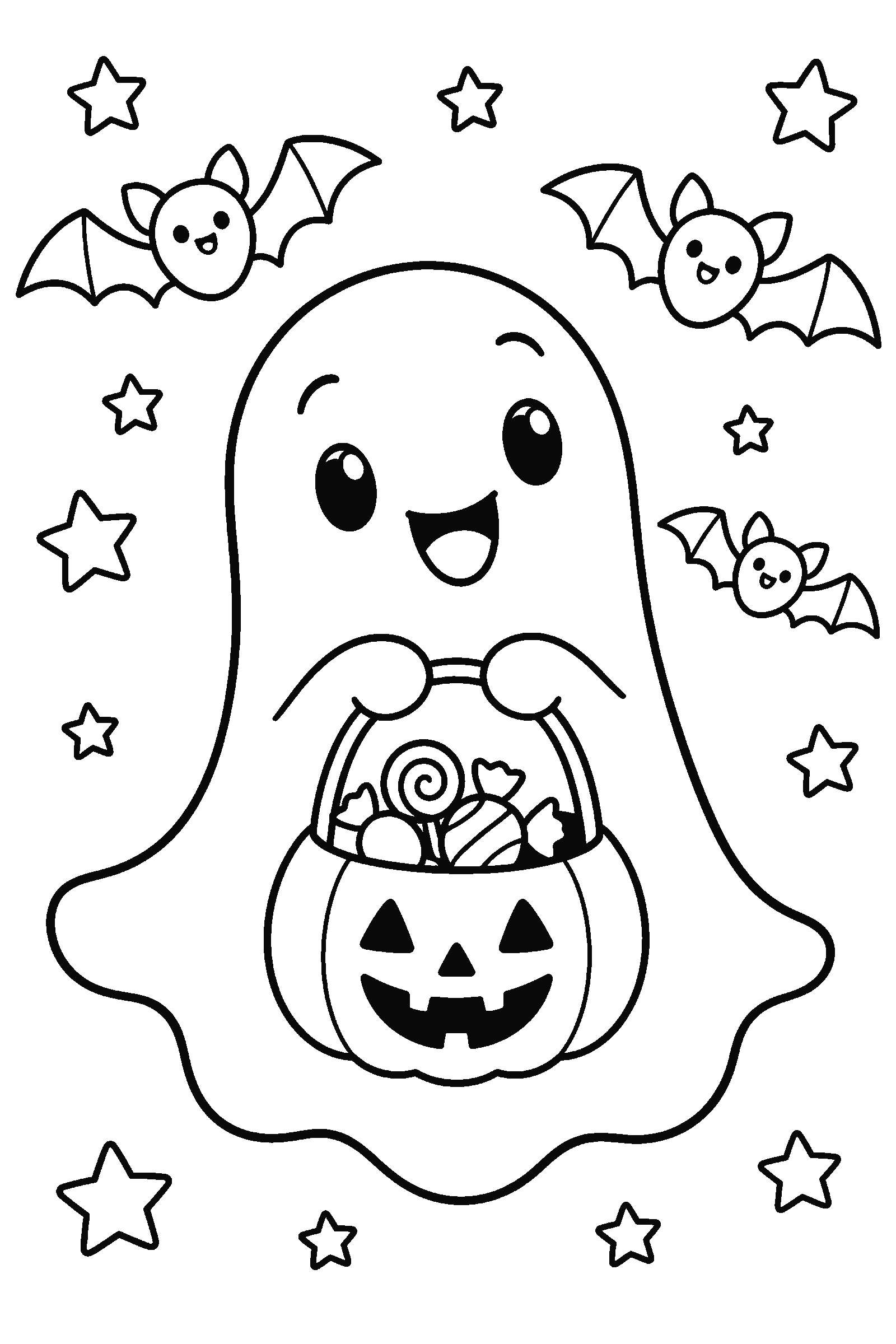 Coloring page of a friendly little ghost holding a trick-or-treat candy bucket with bats and stars