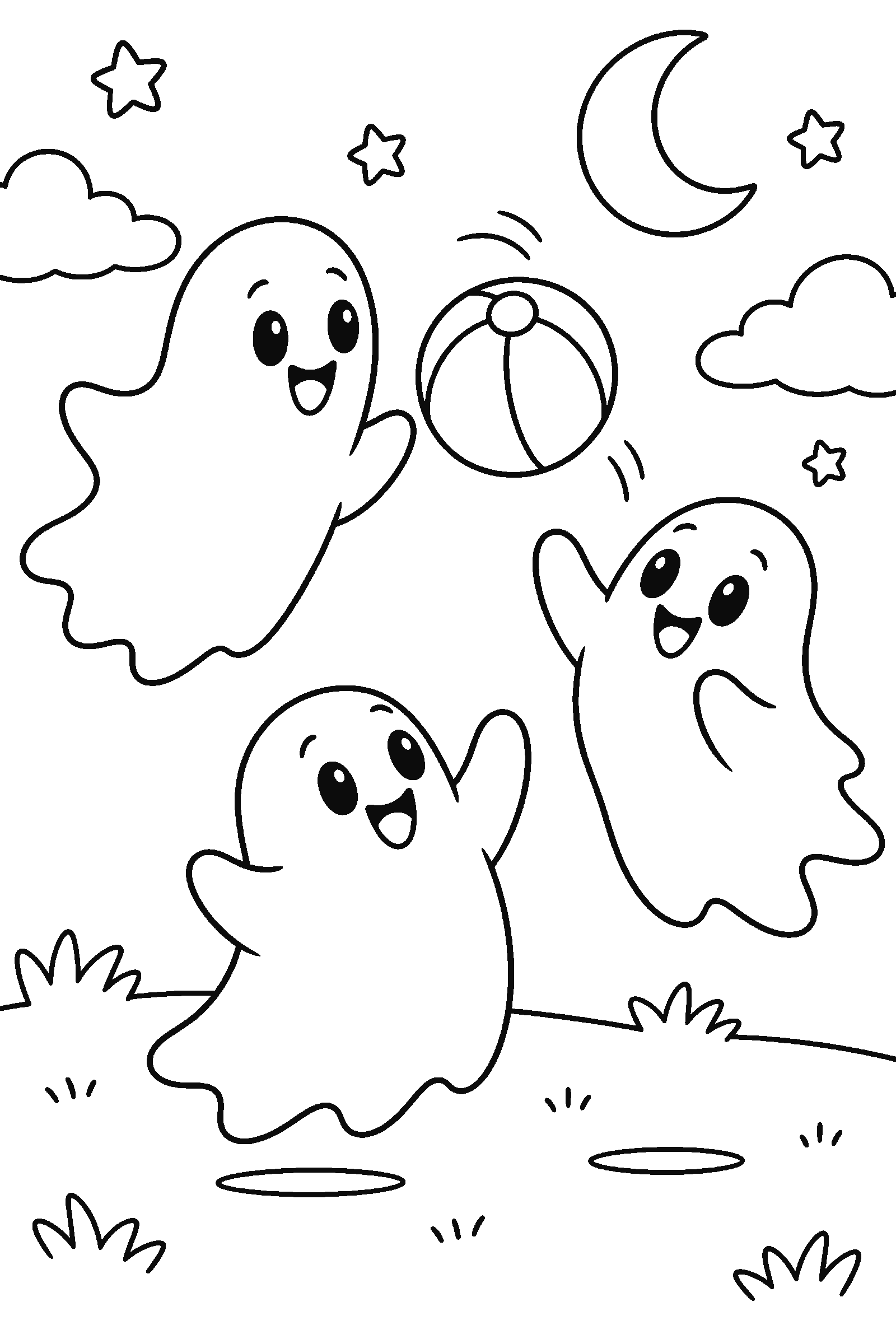 Coloring page of three friendly ghosts playing together