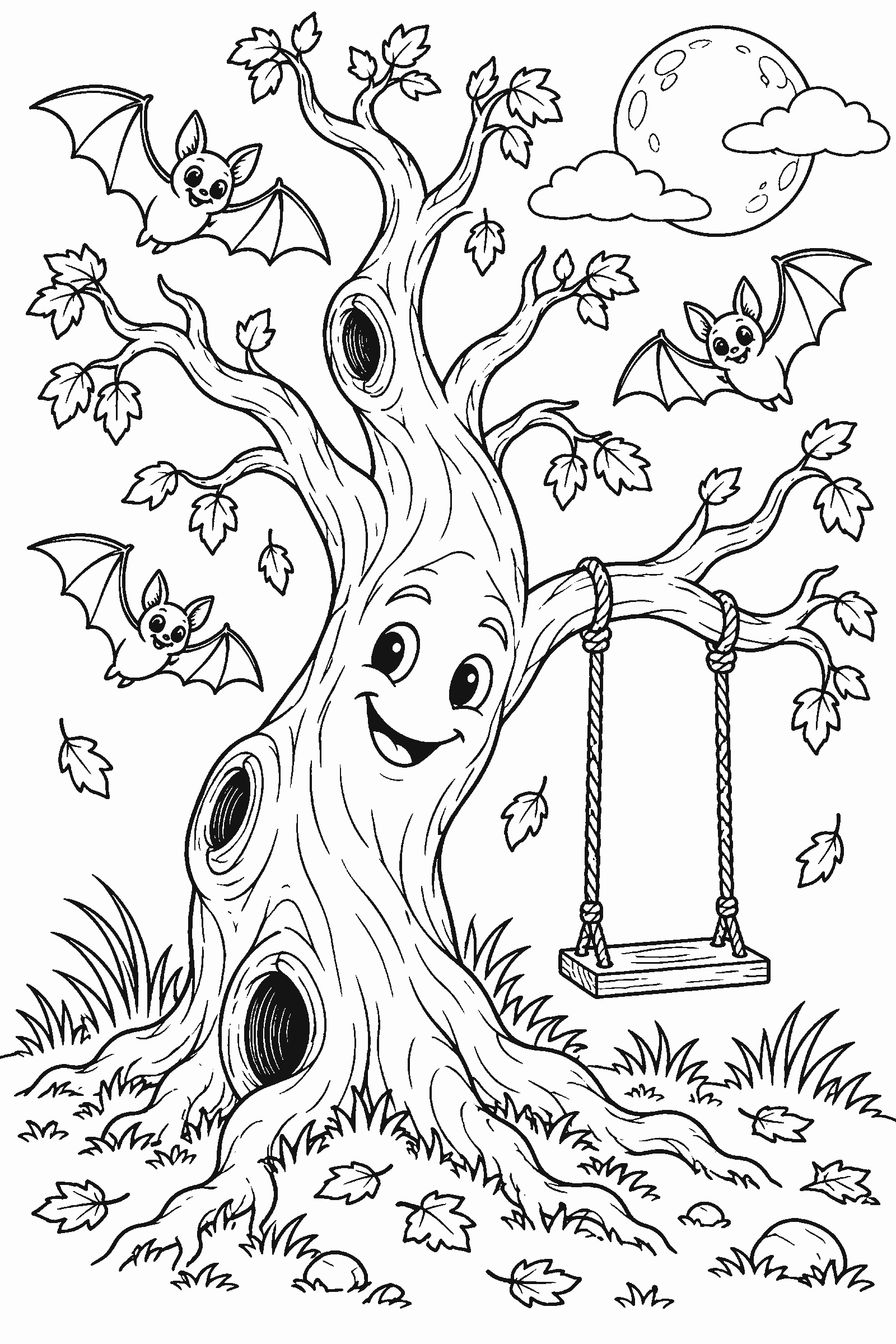 Coloring page of a spooky friendly tree with a swing and bats