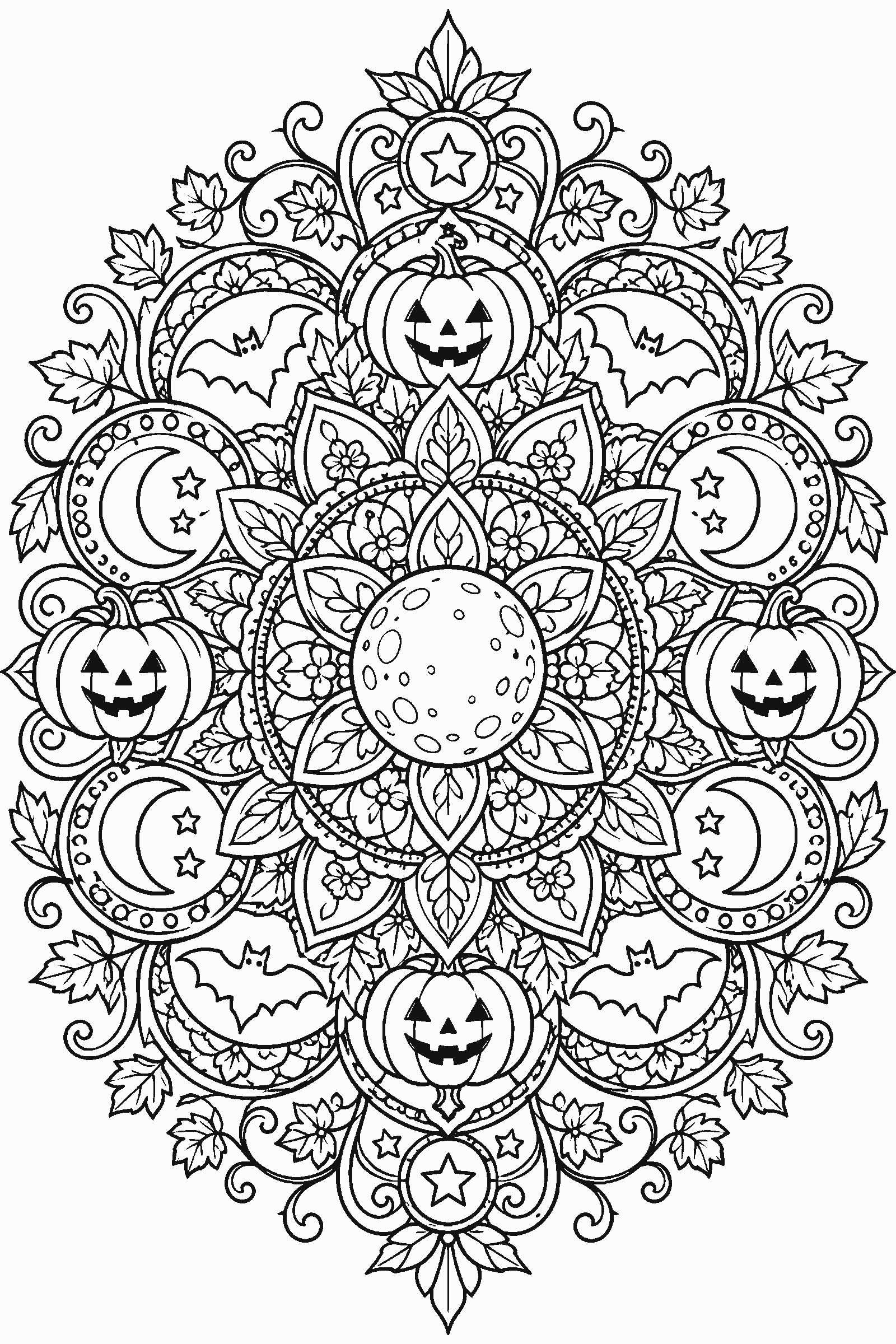 Coloring page of a detailed halloween mandala with pumpkins, bats and moons