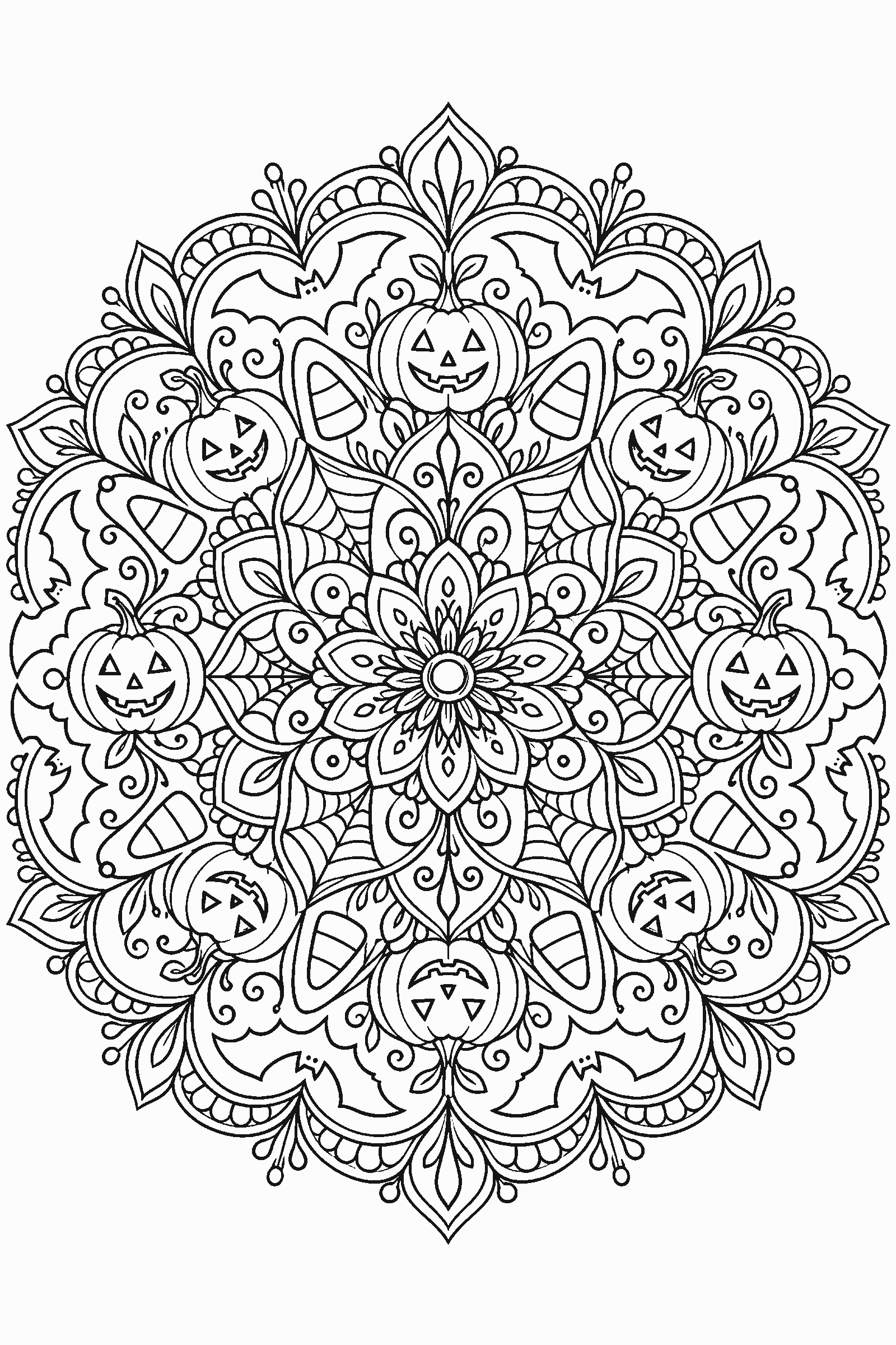 Halloween mandala coloring page with pumpkins, bats, spider webs and candy corn