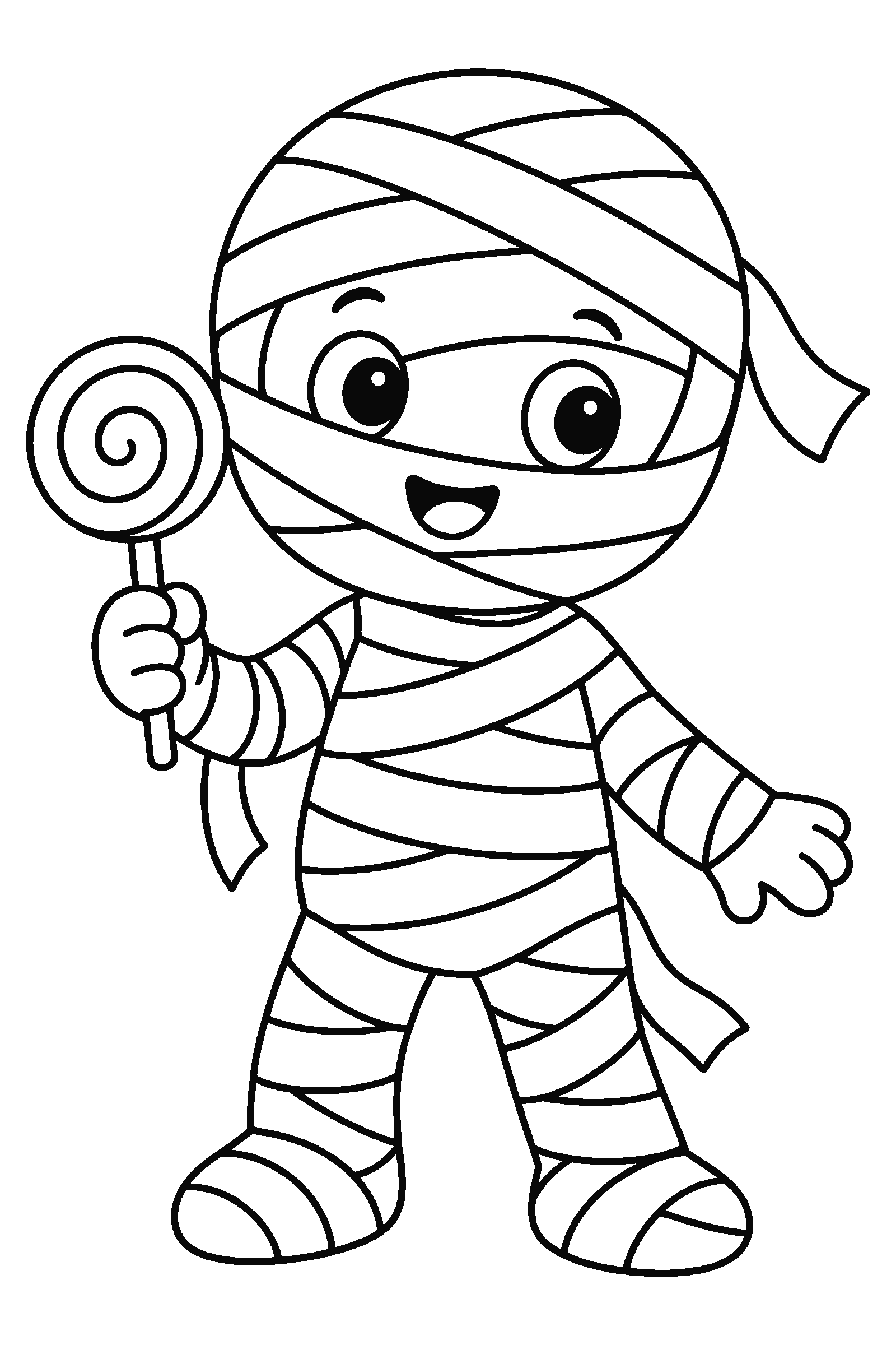 Coloring page of a cute cartoon mummy holding a lollipop
