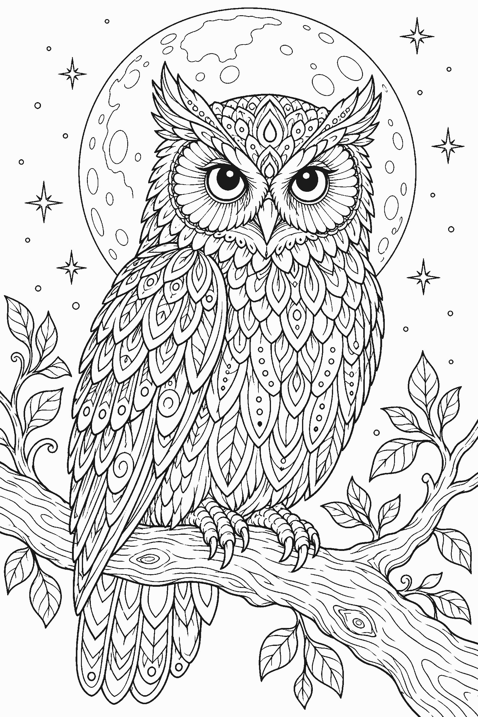 Detailed coloring page of an owl on a branch in front of a big moon with ornamental feathers