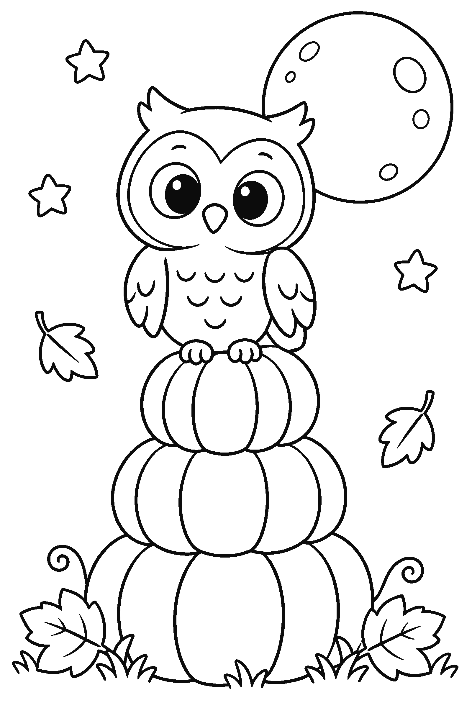 Coloring page of an owl sitting on stacked pumpkins under the moon