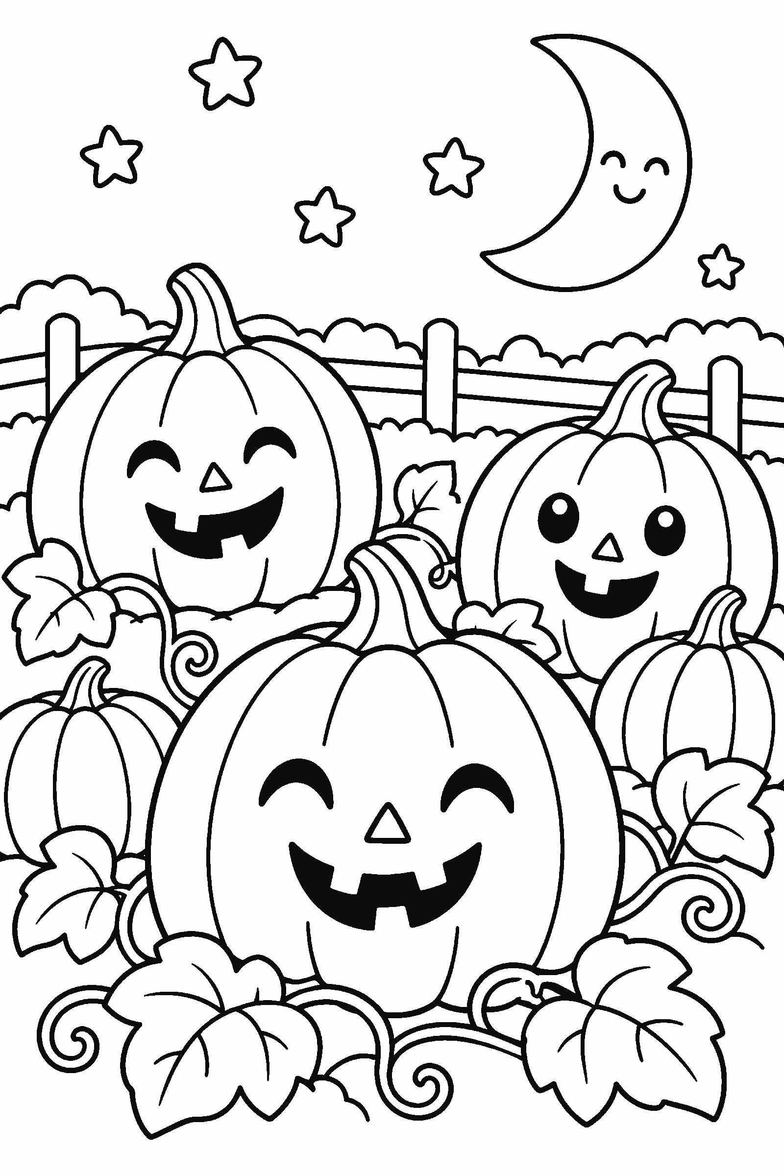 Coloring page of smiling jack-o'-lanterns in a pumpkin patch with curly vines under a crescent moon