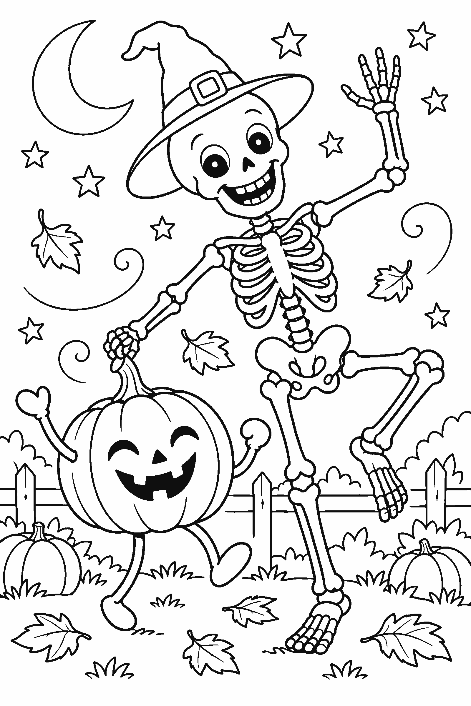 Coloring page of a happy skeleton dancing with a pumpkin