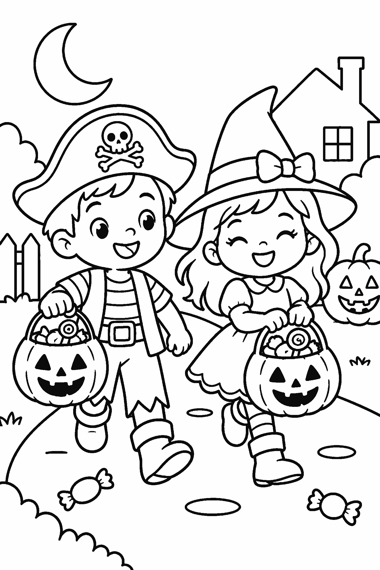 Coloring page of two kids in costumes trick-or-treating with candy buckets