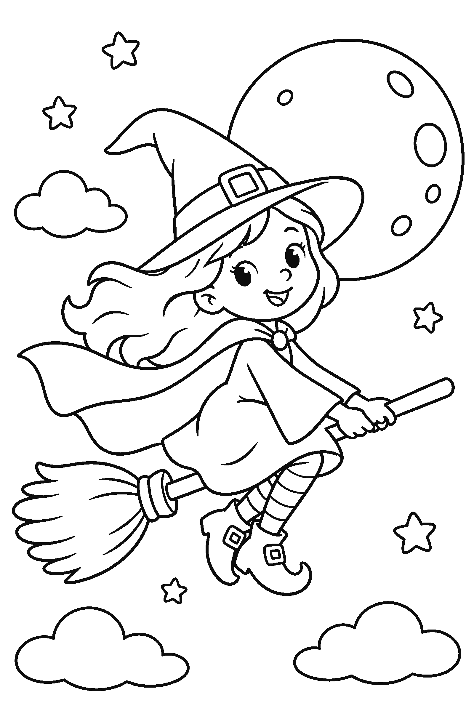 Coloring page of a friendly witch flying on a broom past the moon