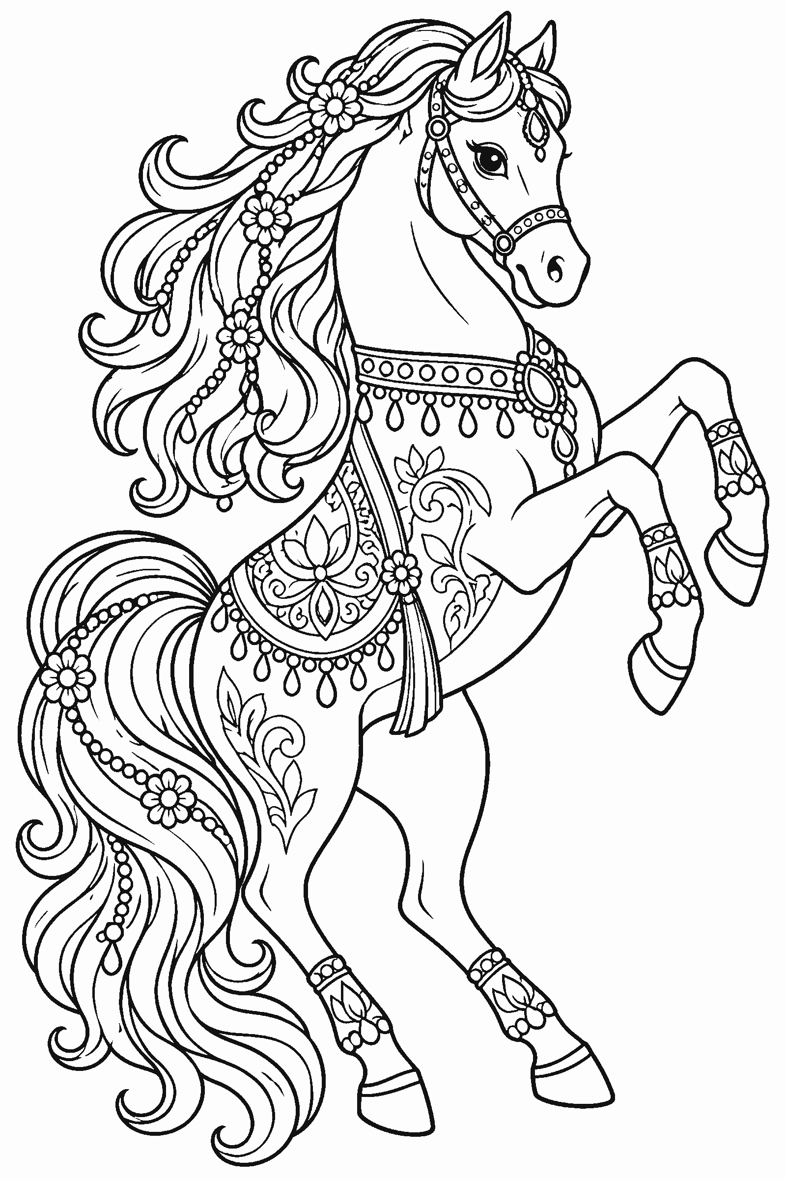 Detailed coloring page of an Arabian horse rearing up with a flowing tail