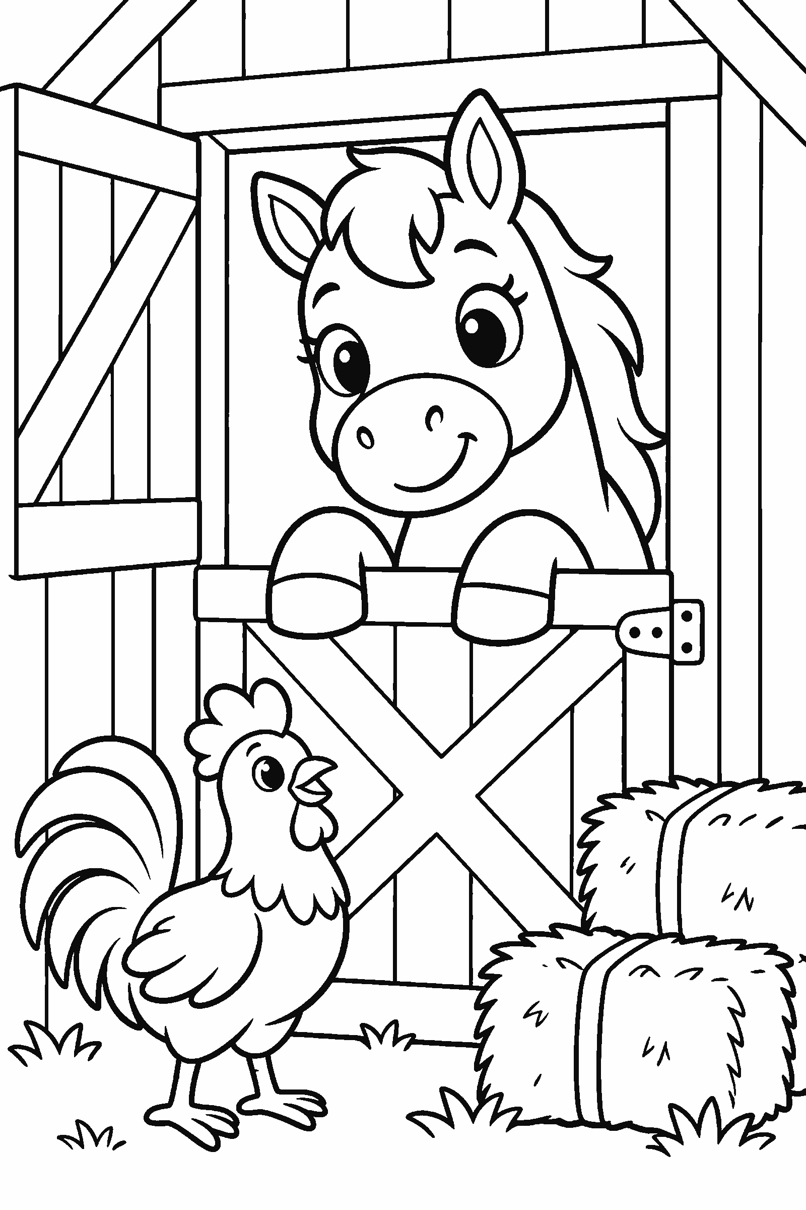 Coloring page of a horse looking out of a barn door with hay bales and a rooster