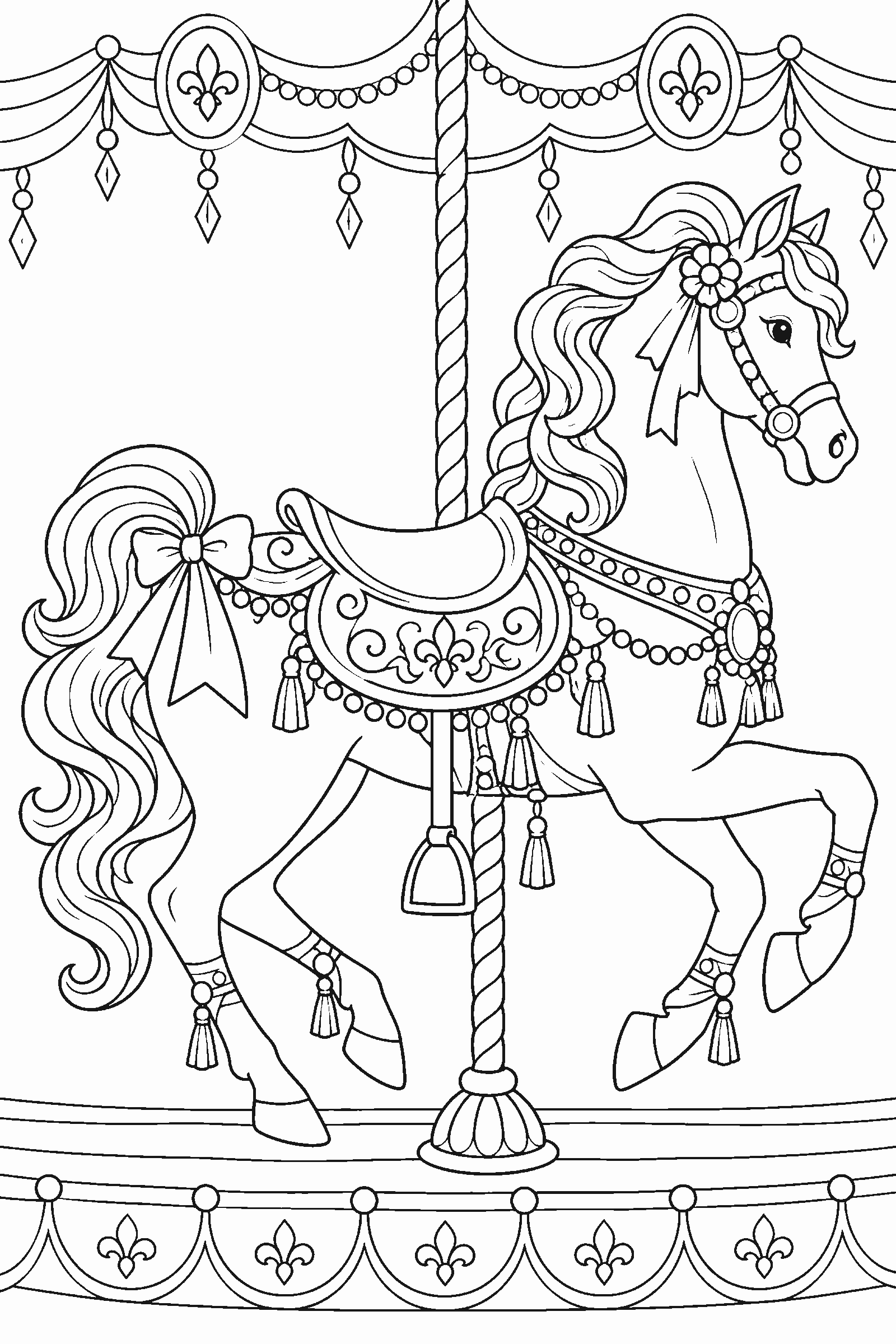 Coloring page of a carousel horse with ornaments