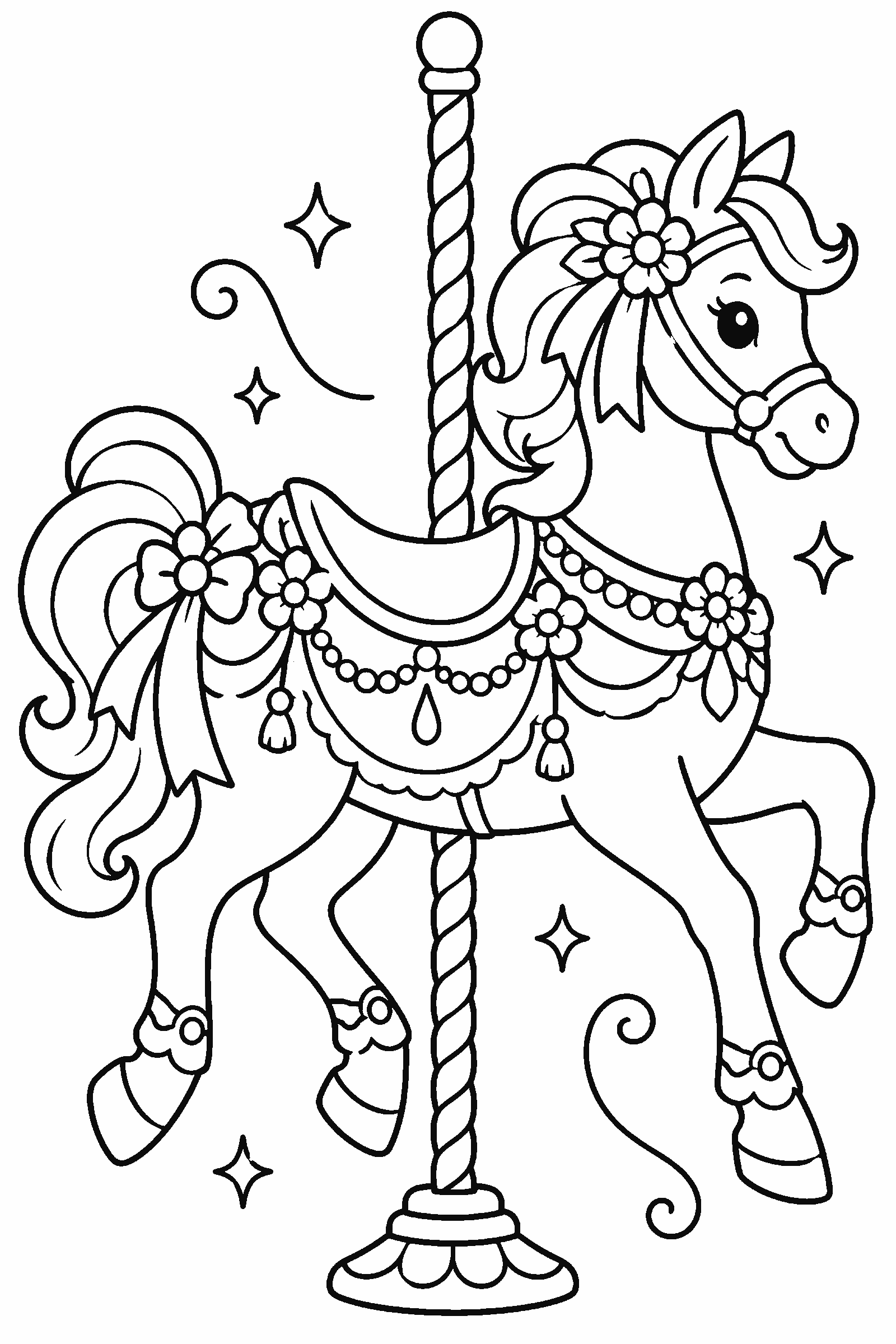 Coloring page of an ornate carousel horse on a pole with decorations