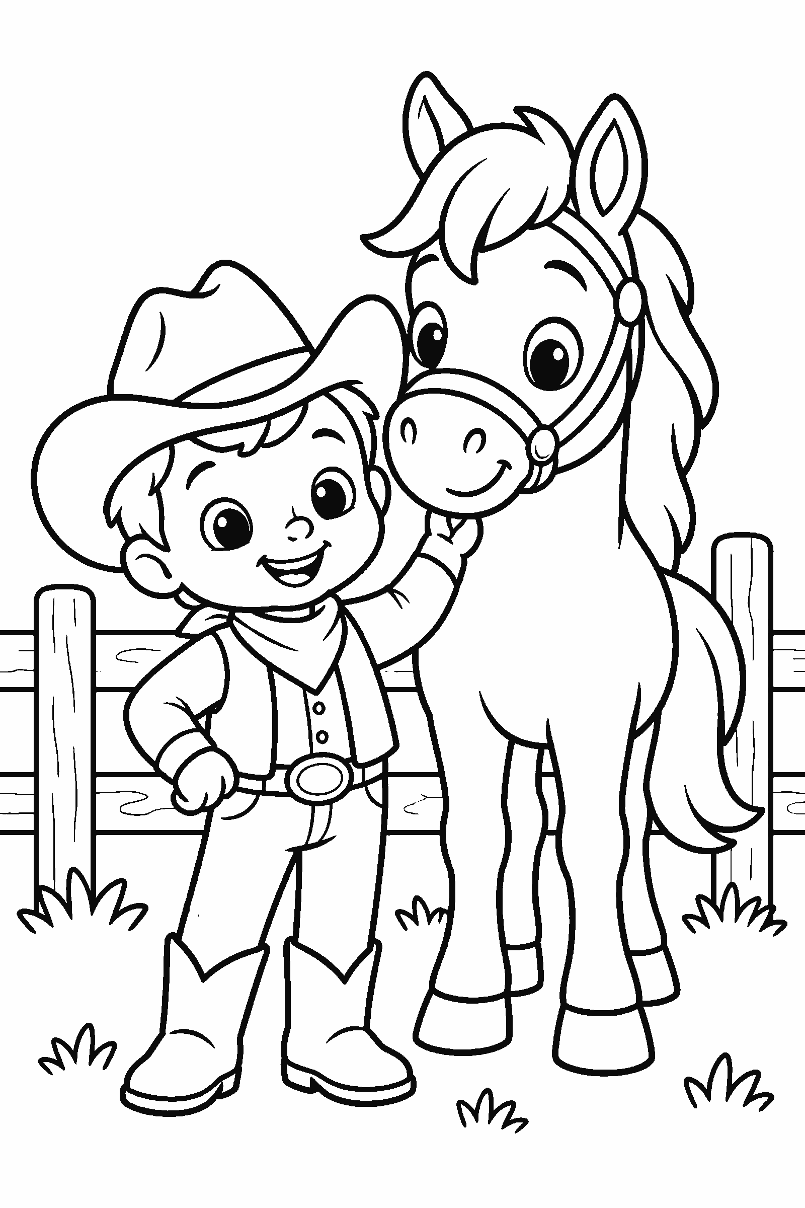 Coloring page of a kid in a cowboy hat with a horse at a ranch fence