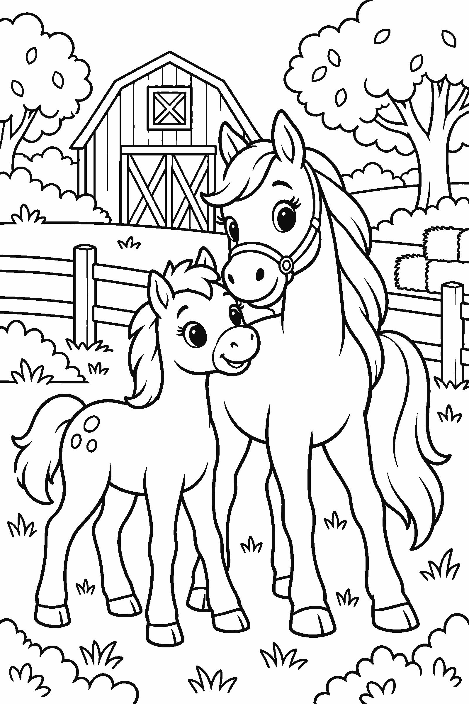 Coloring page of a horse farm with two horses, a red barn, fences and trees