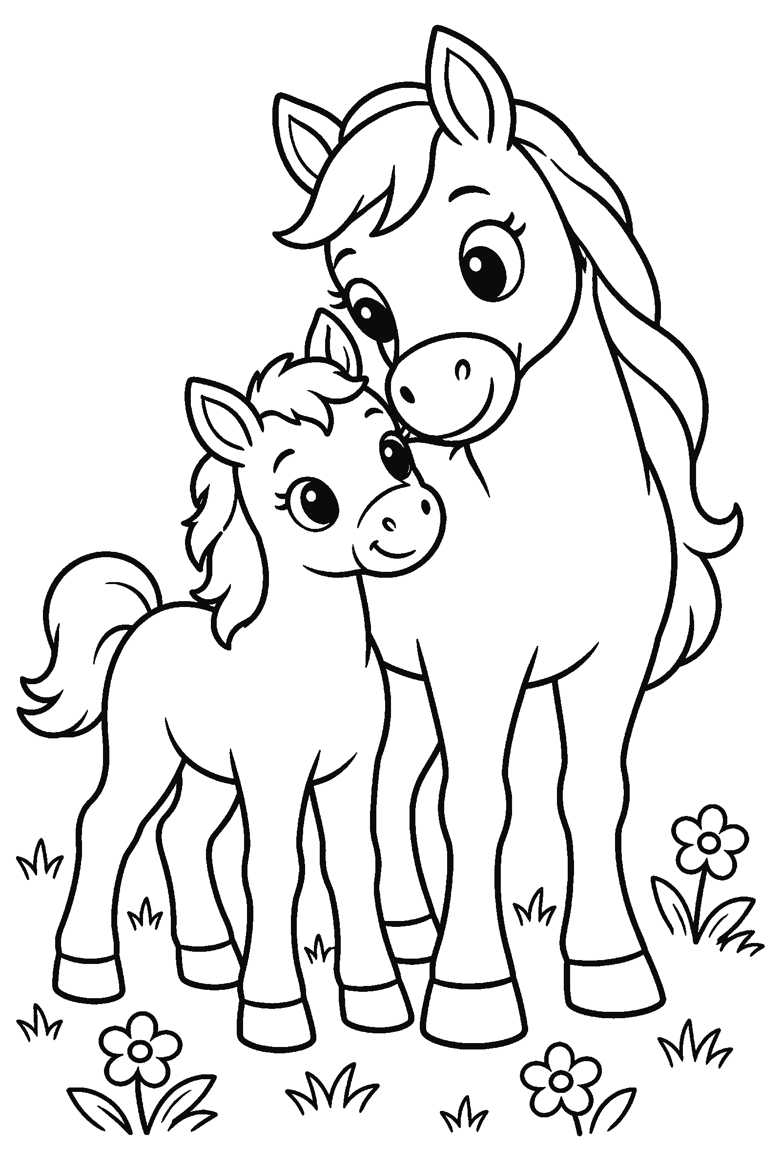 Coloring page of a mother horse and her foal standing in a field with flowers