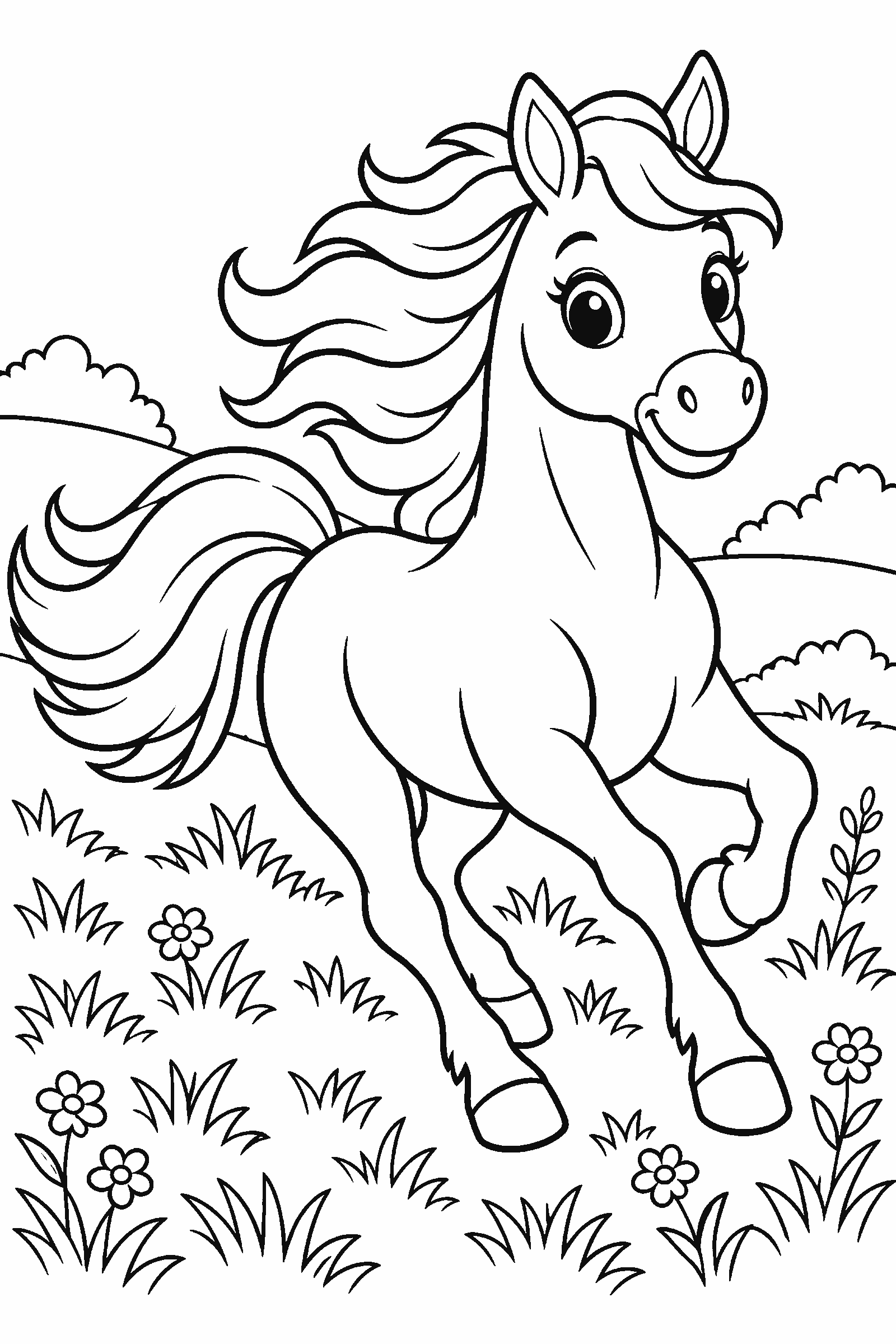 Coloring page of a galloping horse with a flowing mane in a meadow