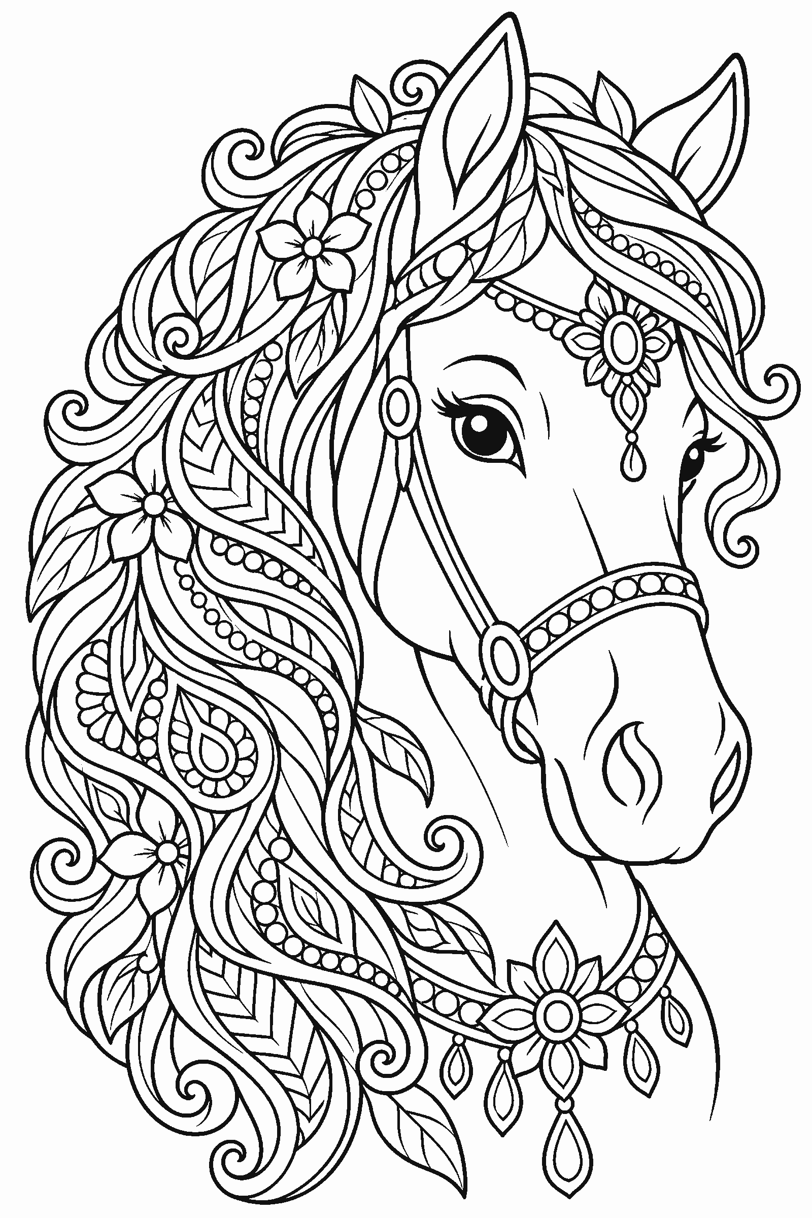 Detailed coloring page of a horse head portrait with an ornate patterned mane