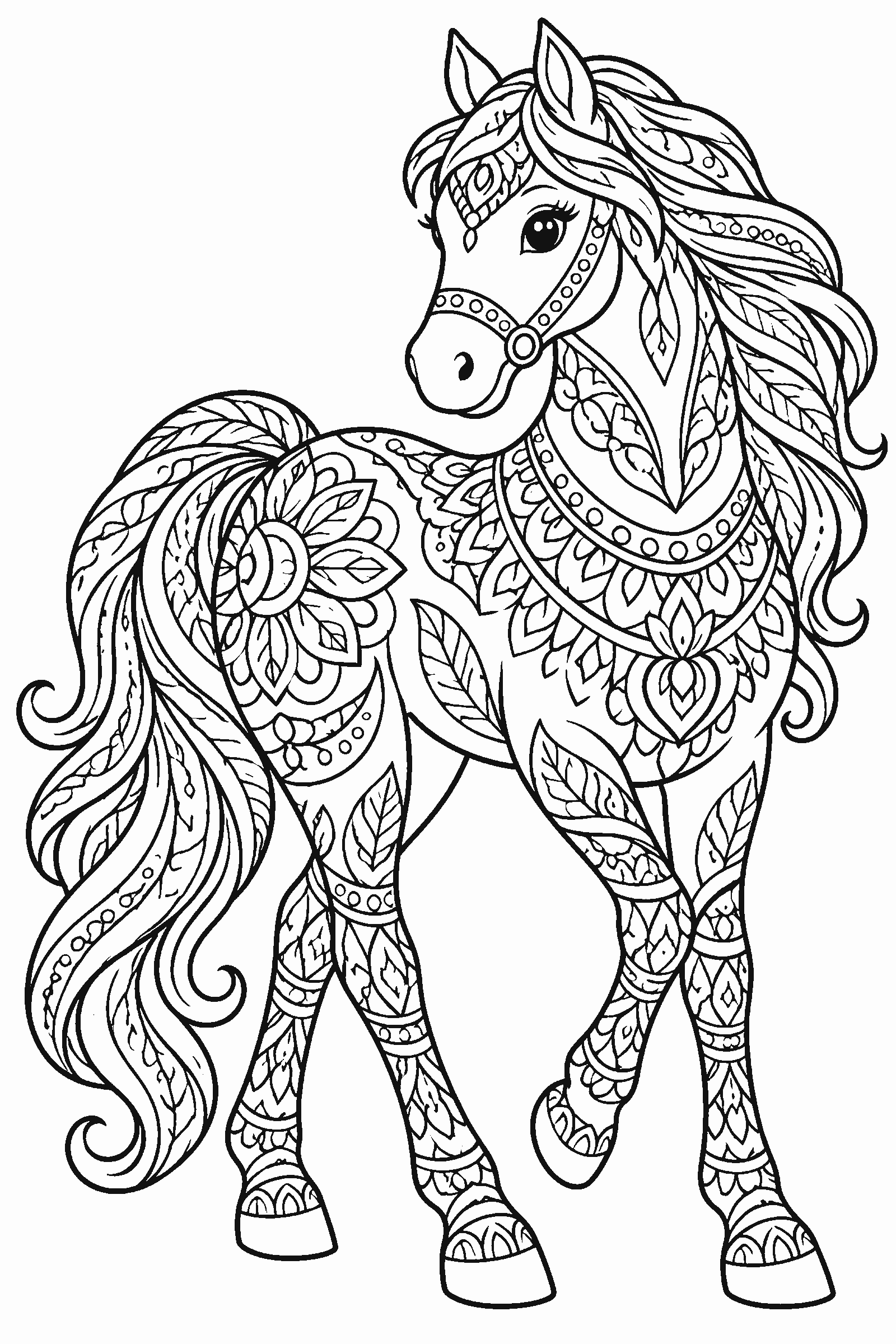 Detailed coloring page of a horse filled with mandala and zentangle patterns