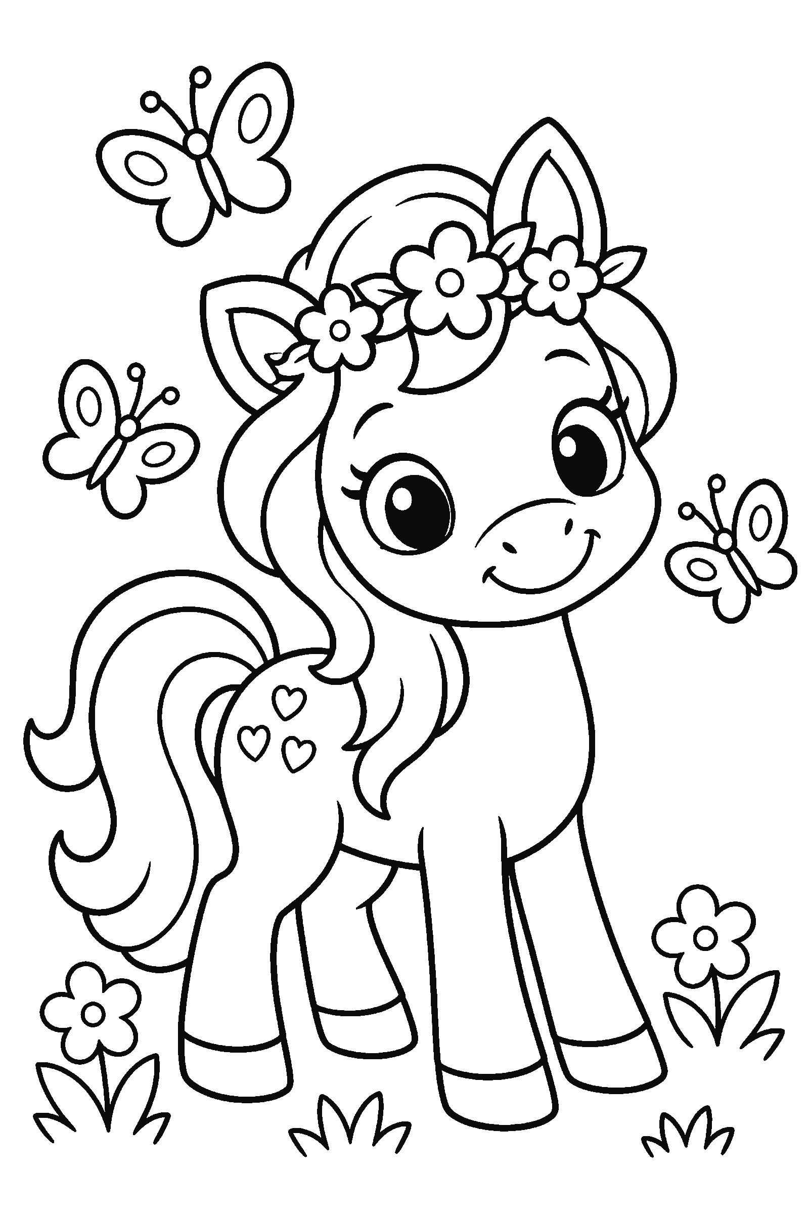 Coloring page of a cute pony wearing a flower crown with butterflies