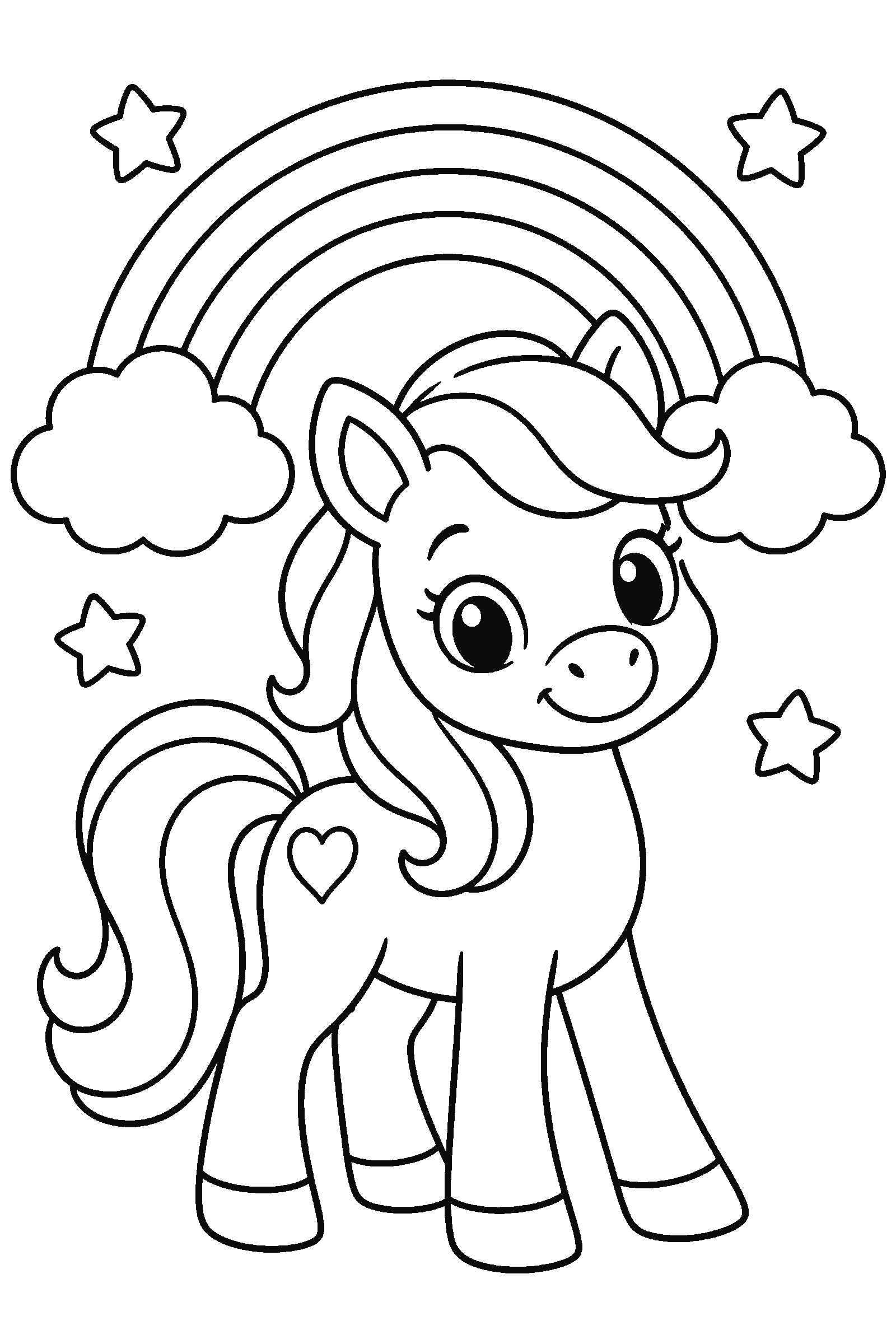 Coloring page of a cute pony under a rainbow with clouds and stars