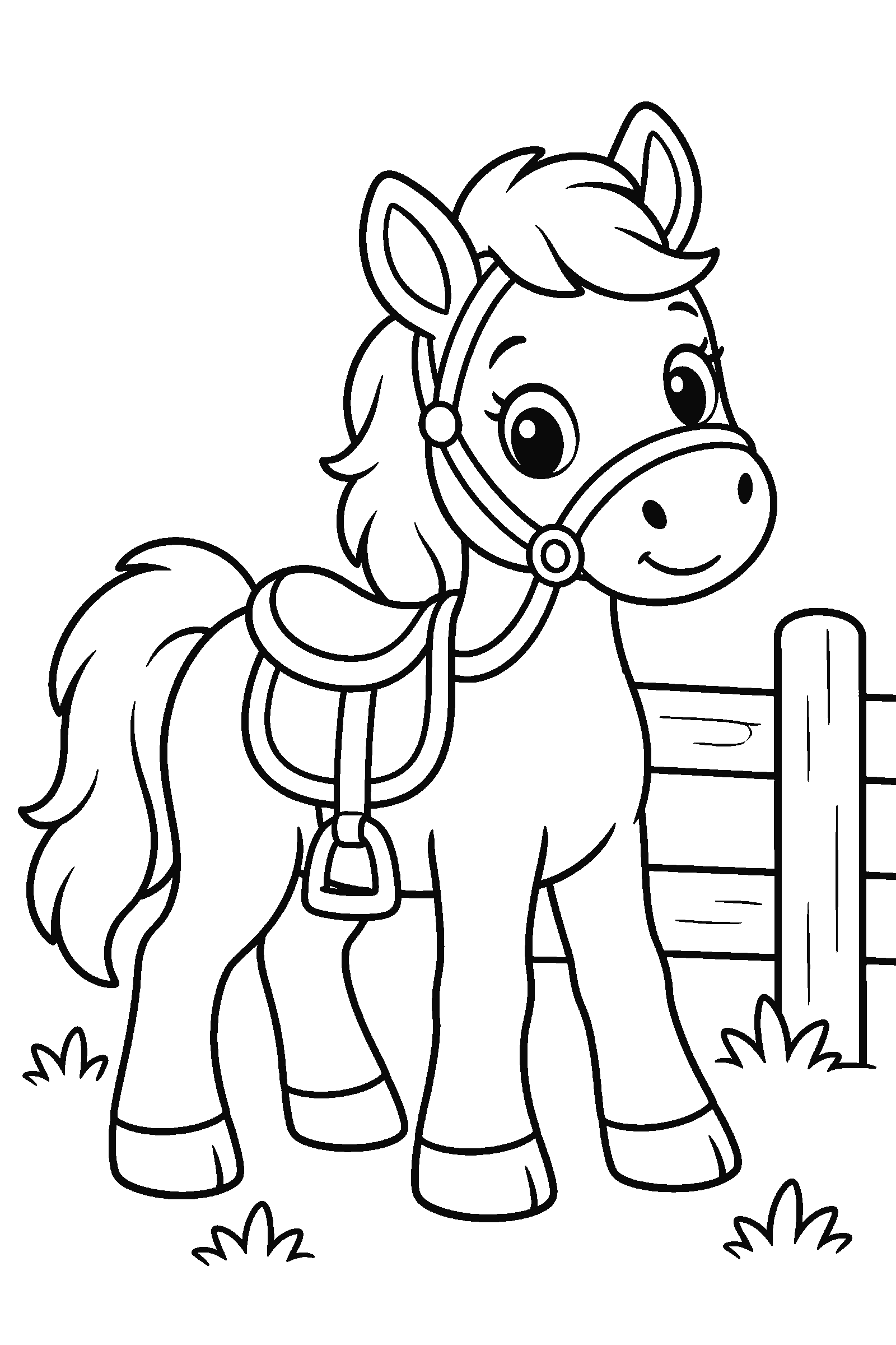 Coloring page of a pony with a saddle and bridle standing by a fence
