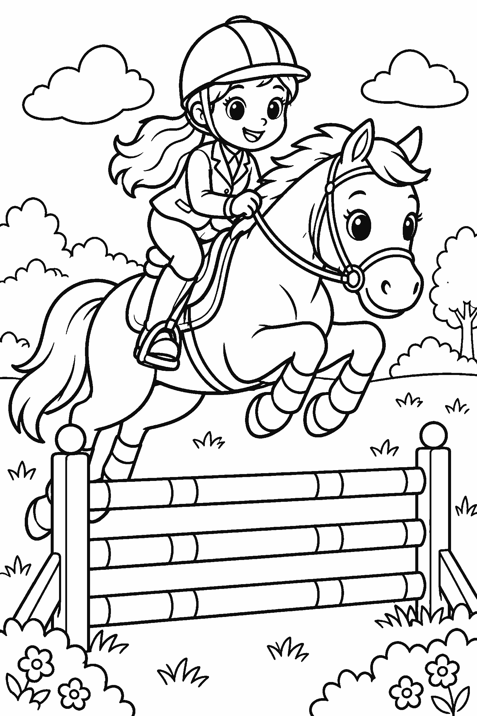 Coloring page of a rider on a horse jumping over a fence