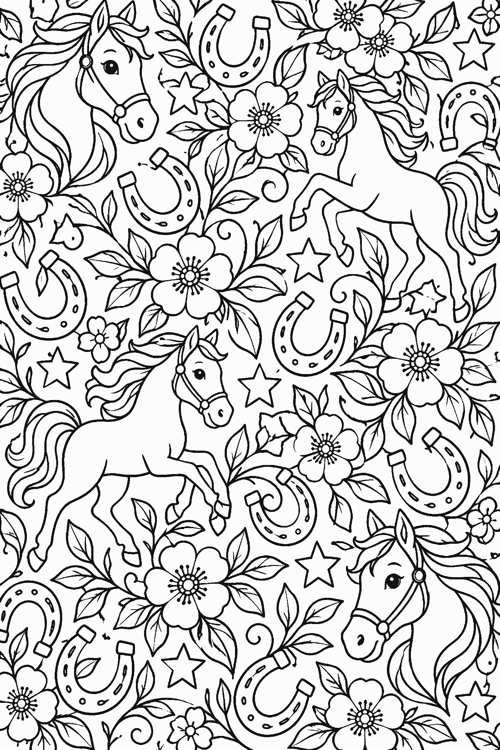 Full-page coloring pattern of horseshoes, horses, stars and flowers