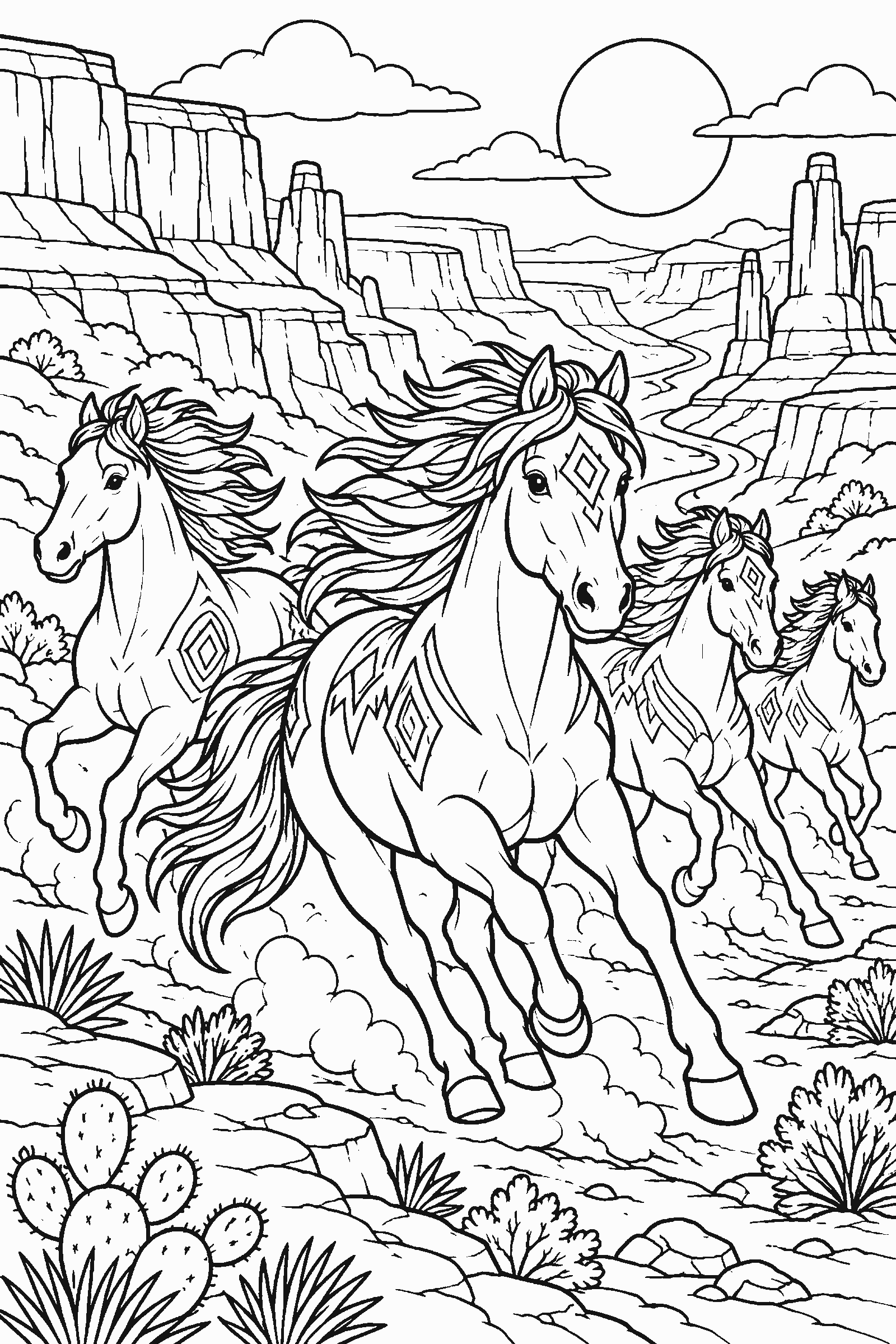 Coloring page of wild mustangs running across a canyon landscape