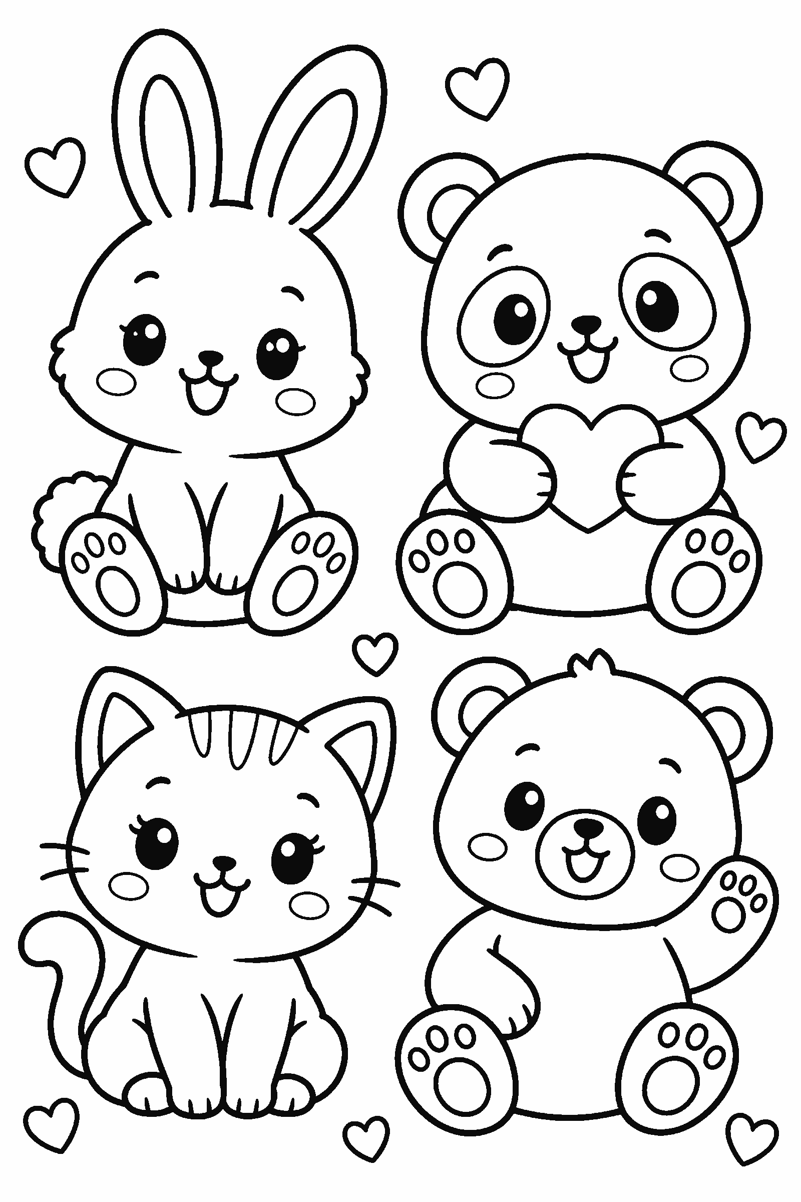 Kawaii coloring page of a bunny, a panda, a cat and a bear with tiny hearts