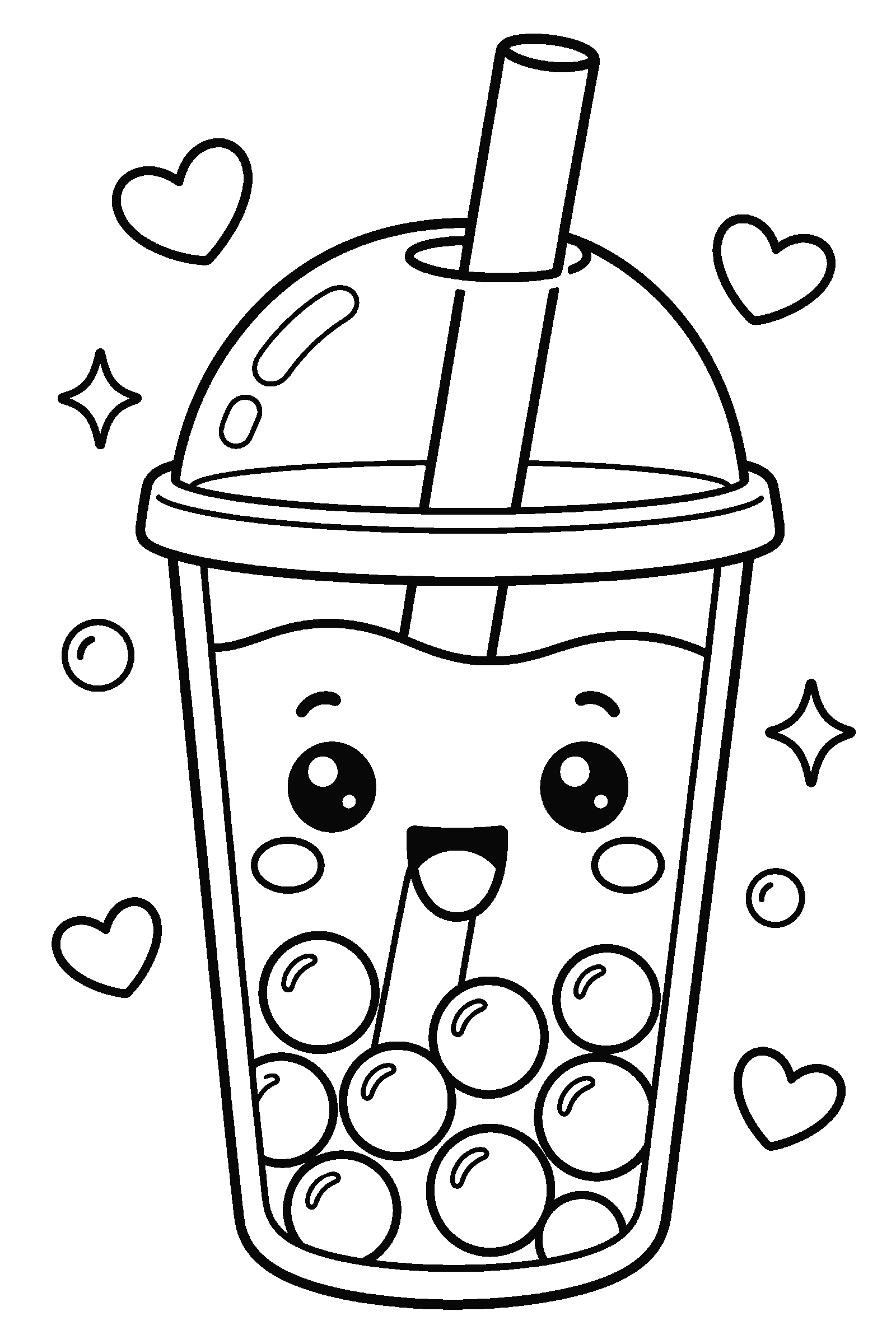 Coloring page of a kawaii bubble tea cup with a smiling face