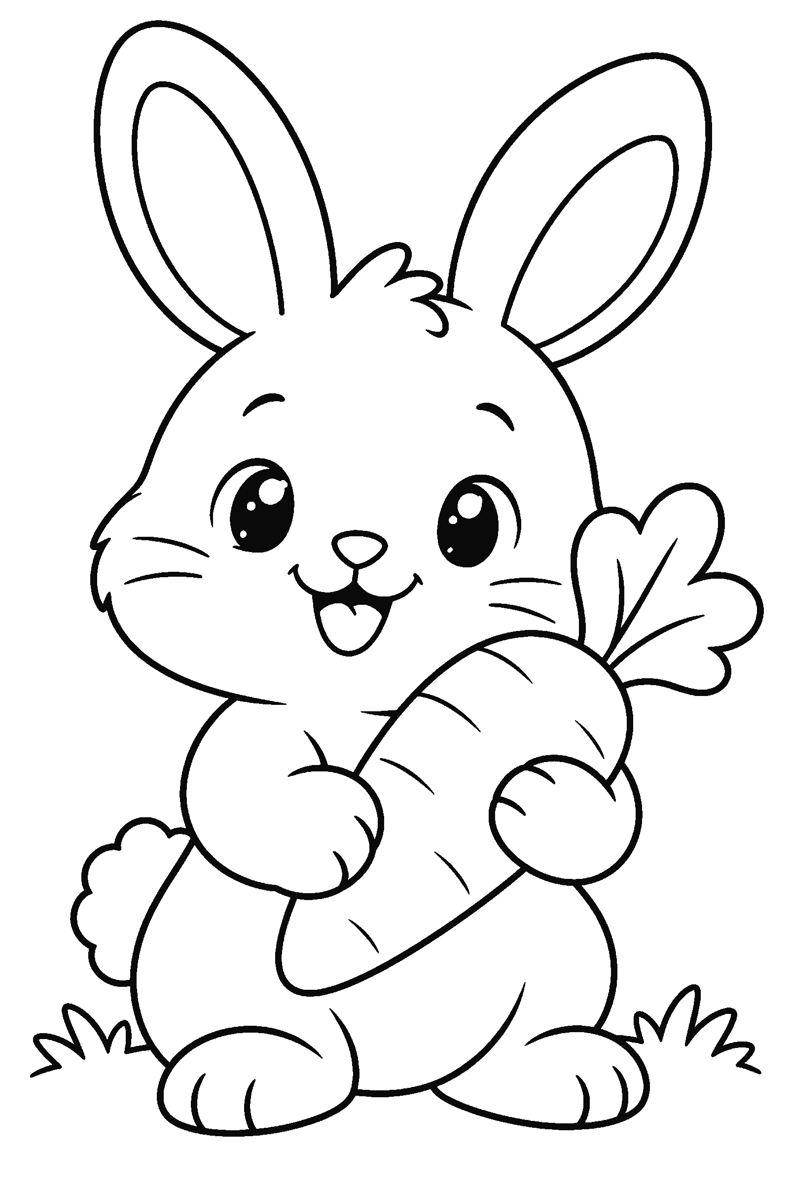 Coloring page of a kawaii bunny holding a carrot