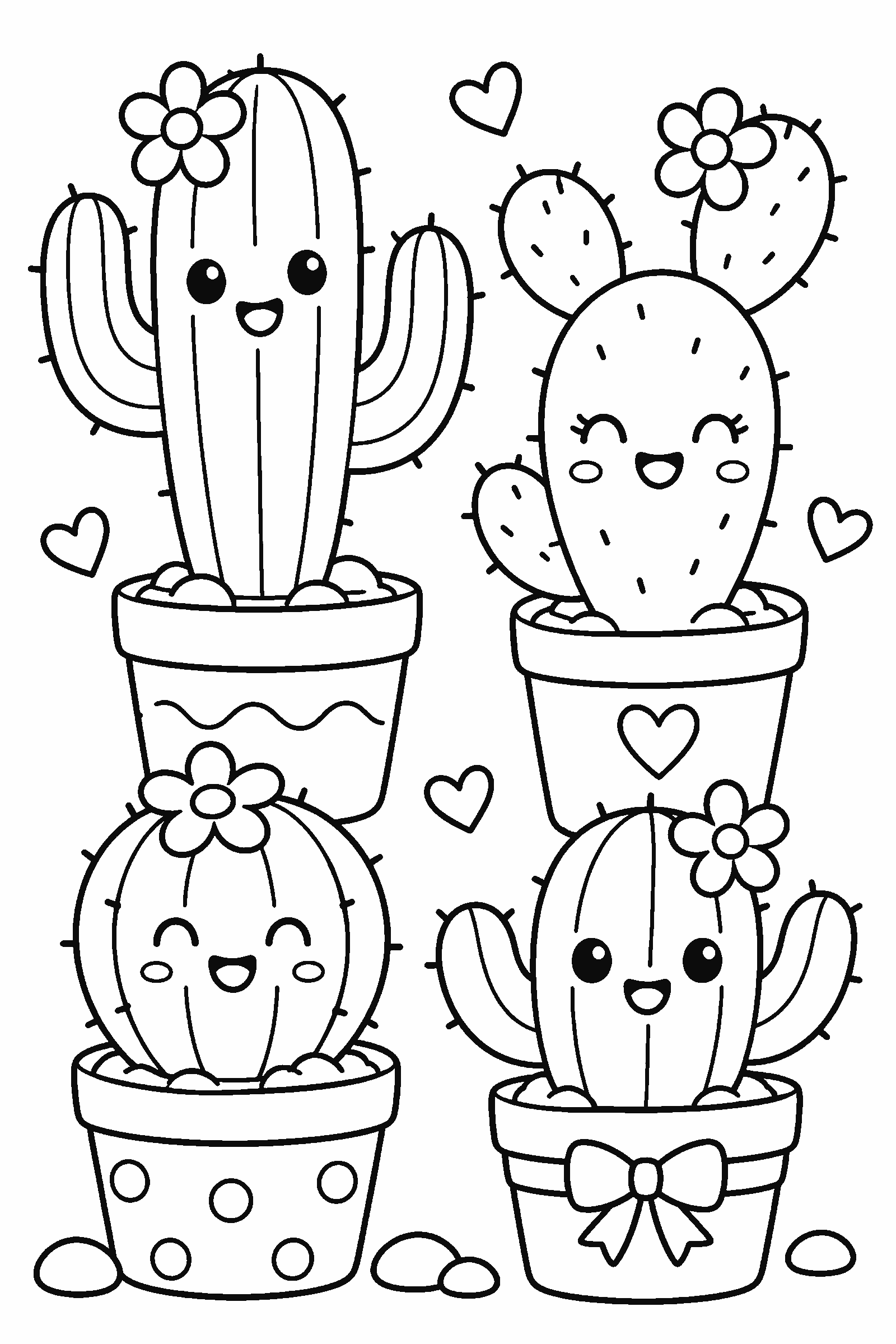 Coloring page of kawaii cactus plants in pots with faces