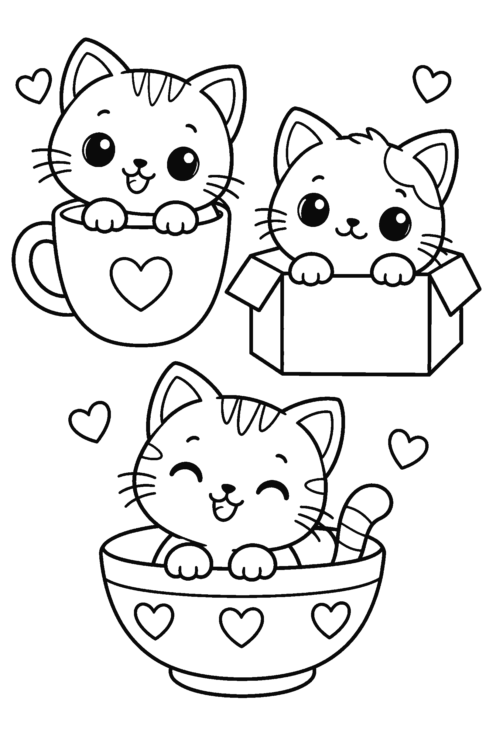 Kawaii coloring page of cats sitting in a cup, a box and a bowl with tiny hearts