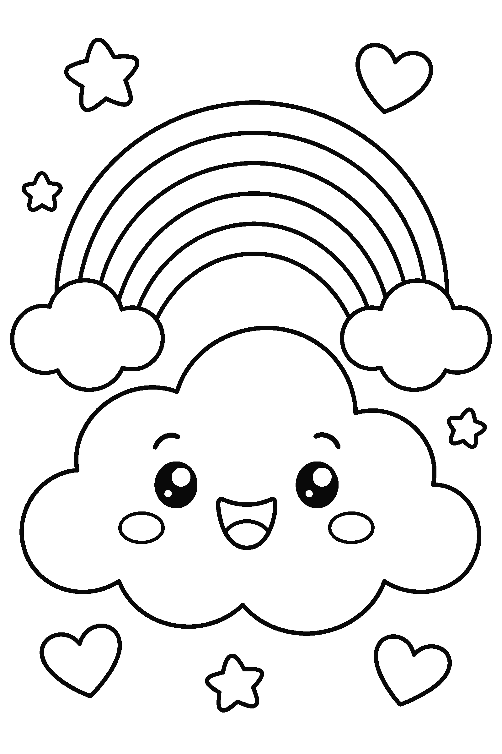 Coloring page of a kawaii cloud and rainbow with faces