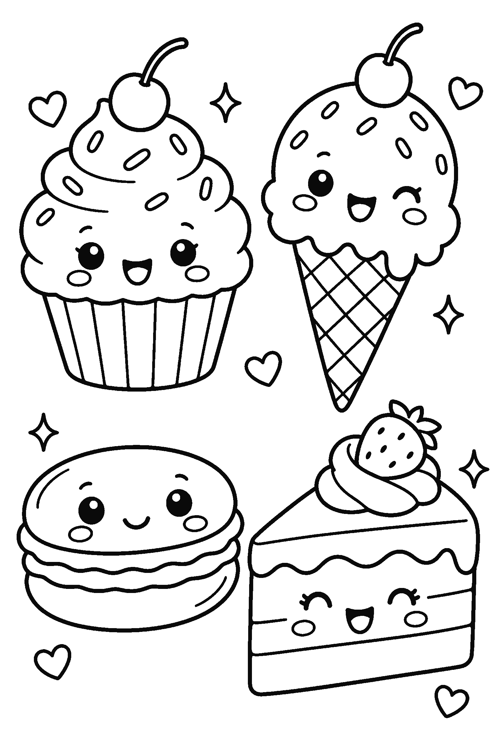 Kawaii coloring page of a cupcake, ice cream cone, macaron and cake slice with cute faces