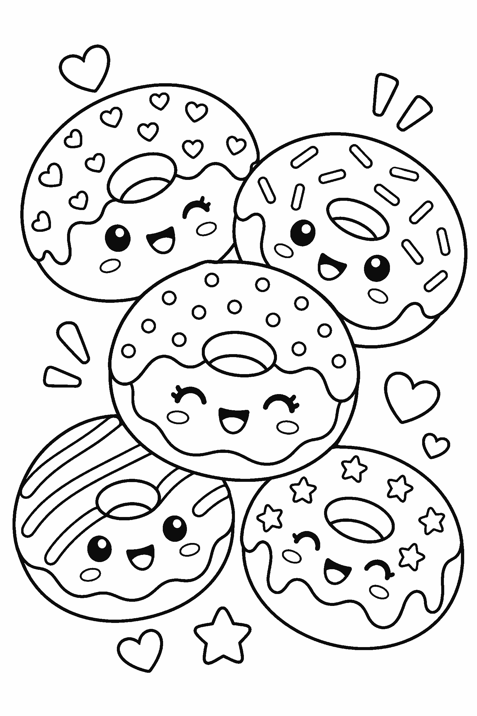 Coloring page of kawaii donuts with sprinkles and faces