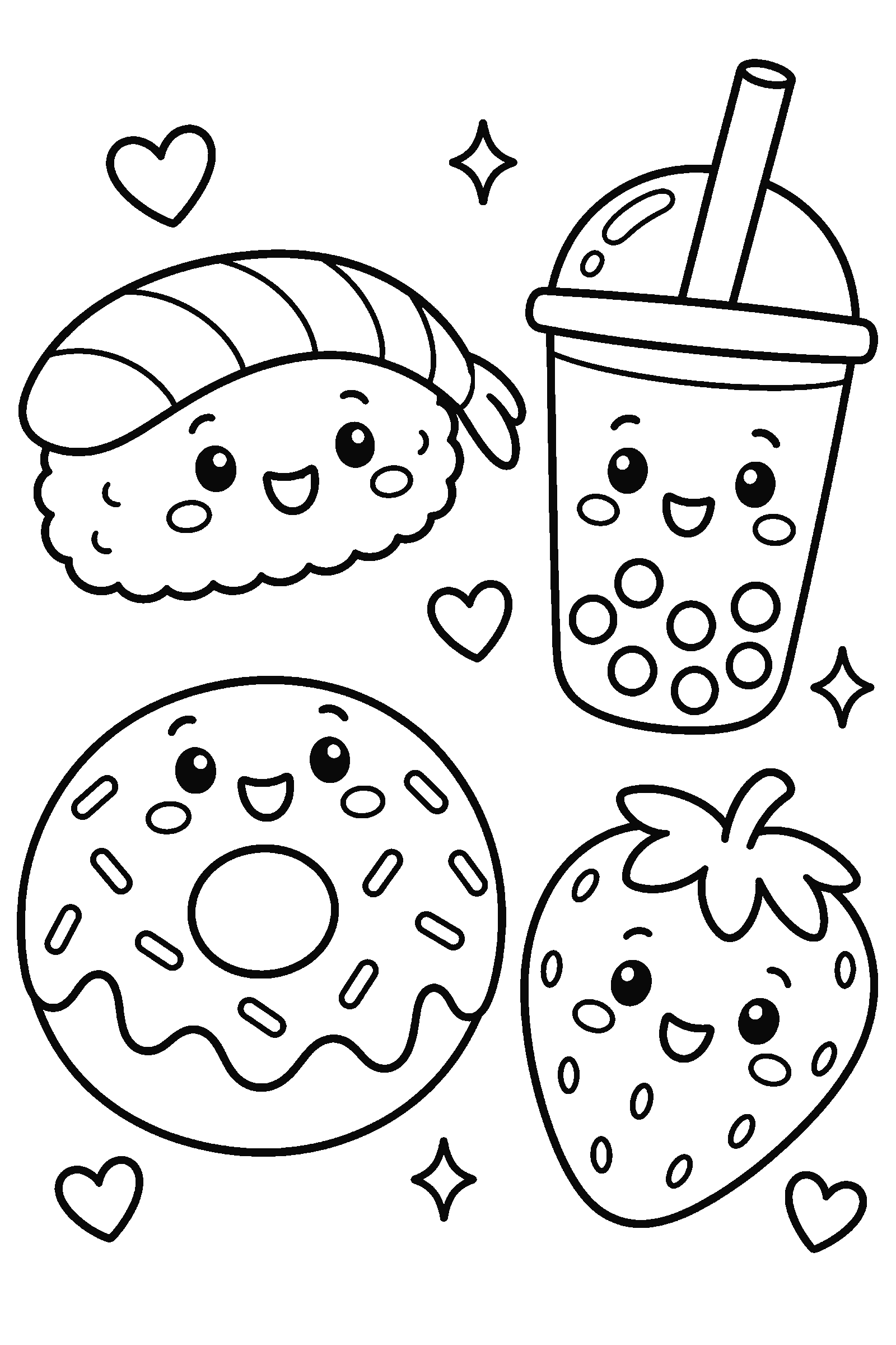 Kawaii coloring page of sushi, boba tea, a donut and a strawberry with cute faces