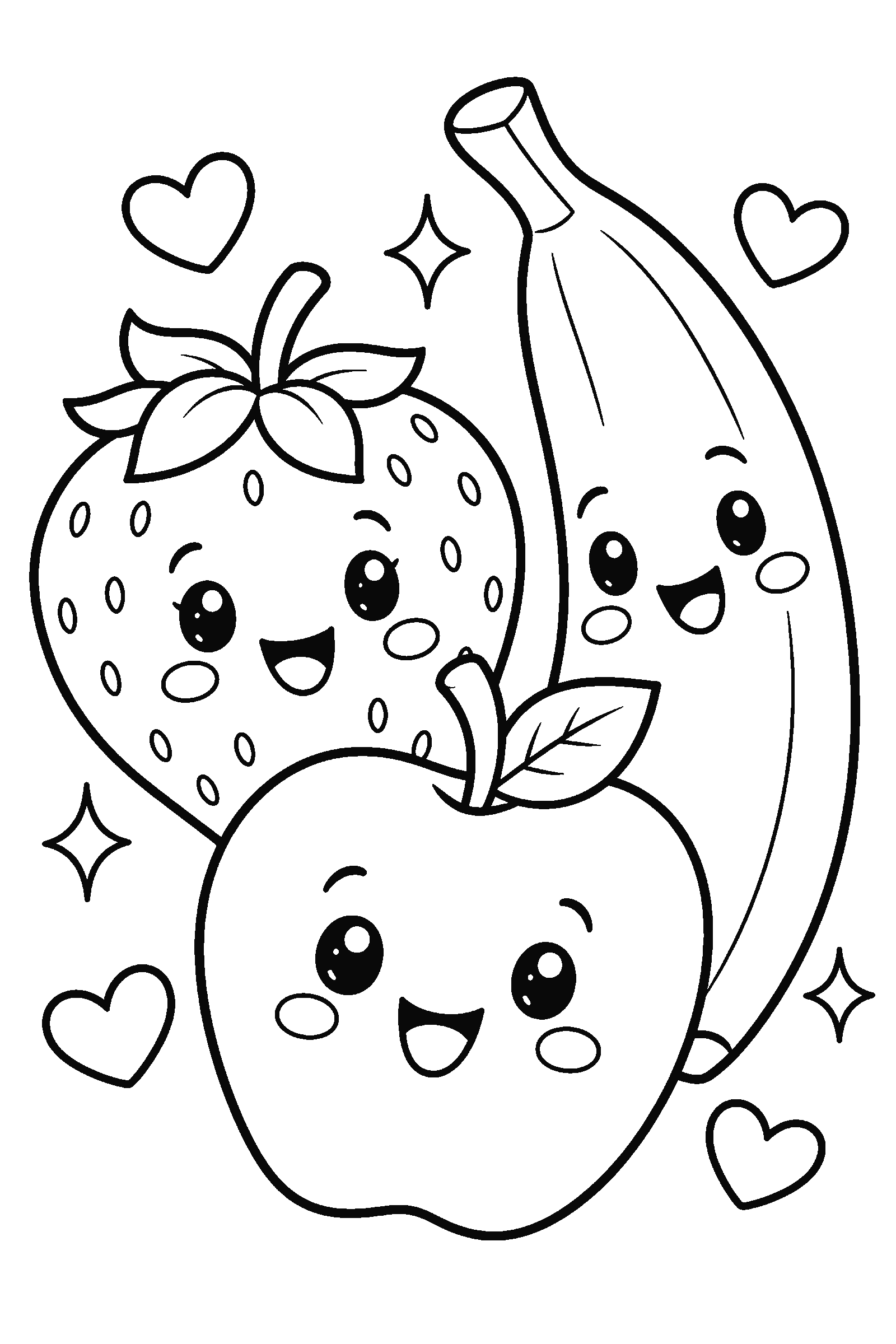 Coloring page of kawaii strawberry, banana and apple with faces