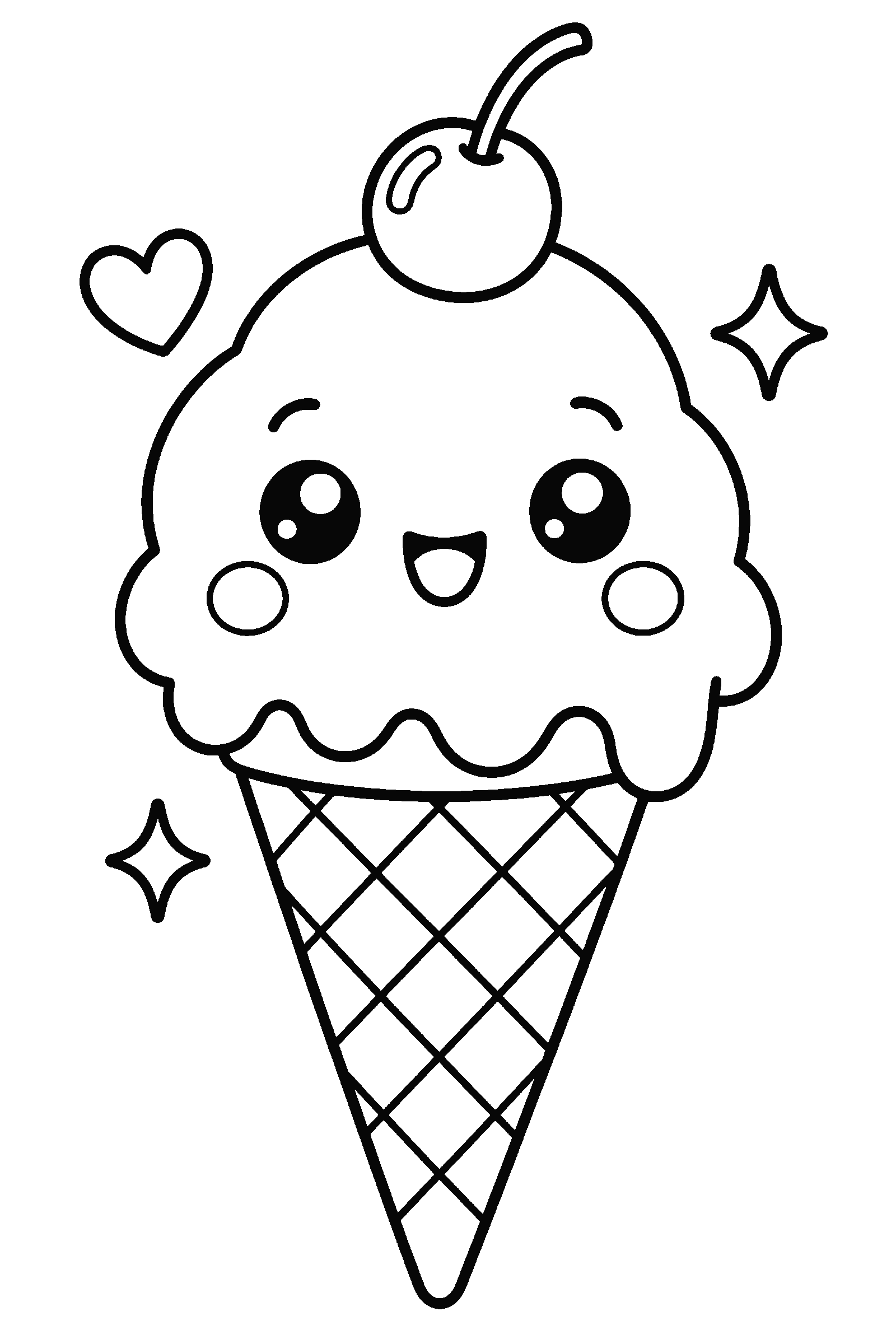 Coloring page of a kawaii ice cream cone with a face