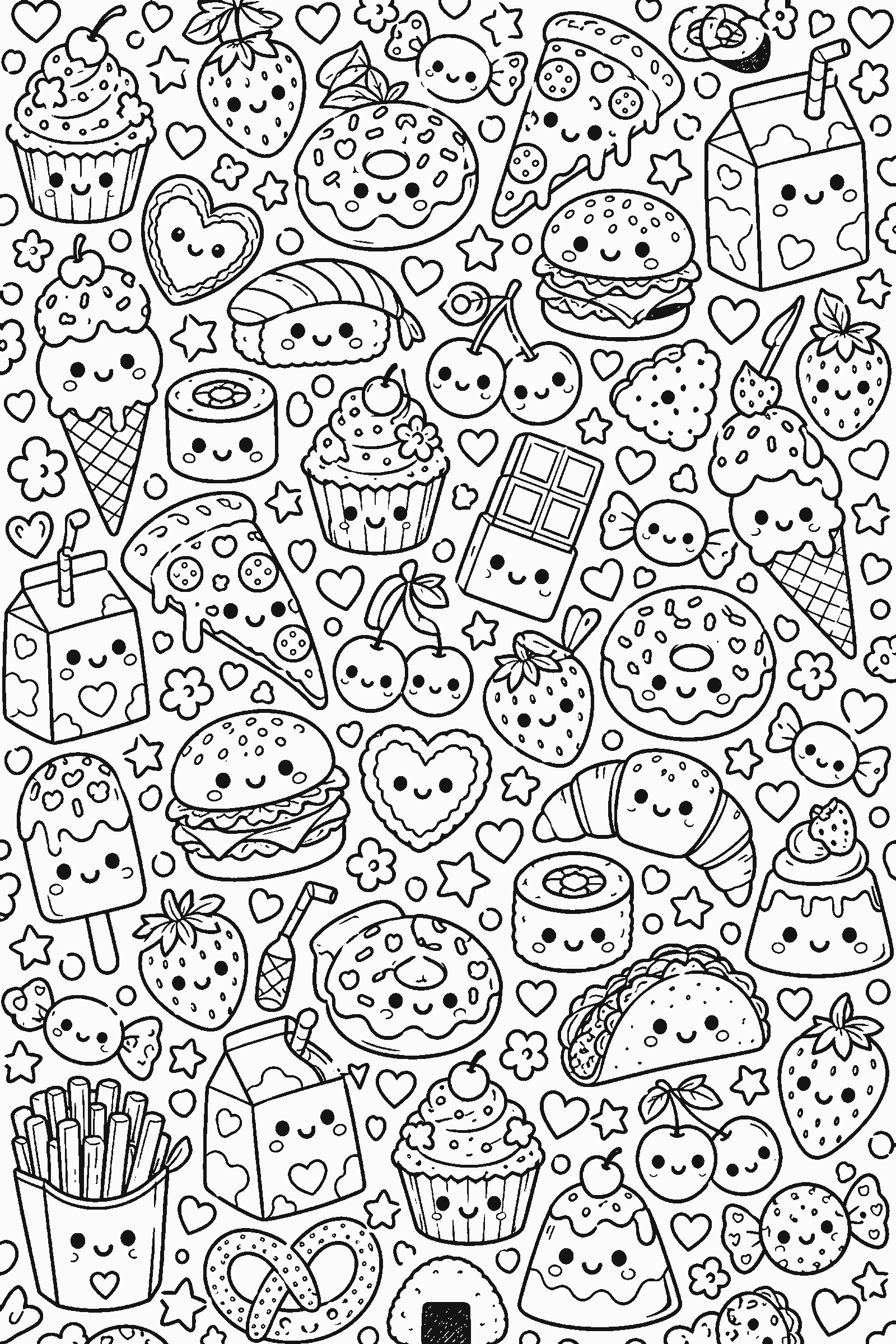 Coloring page of a full-page pattern of kawaii foods, stars and hearts