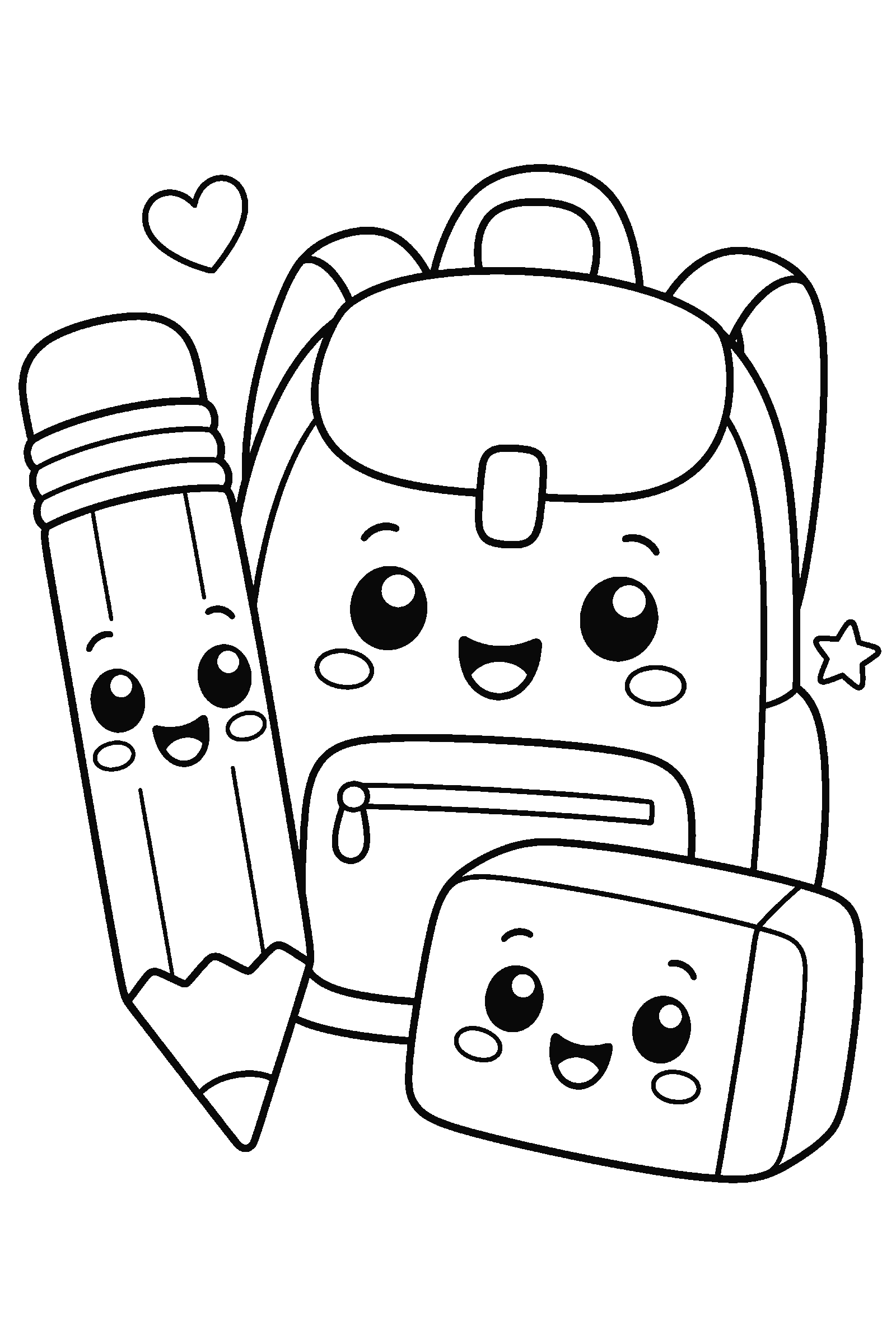 Coloring page of kawaii pencil, eraser and backpack with faces