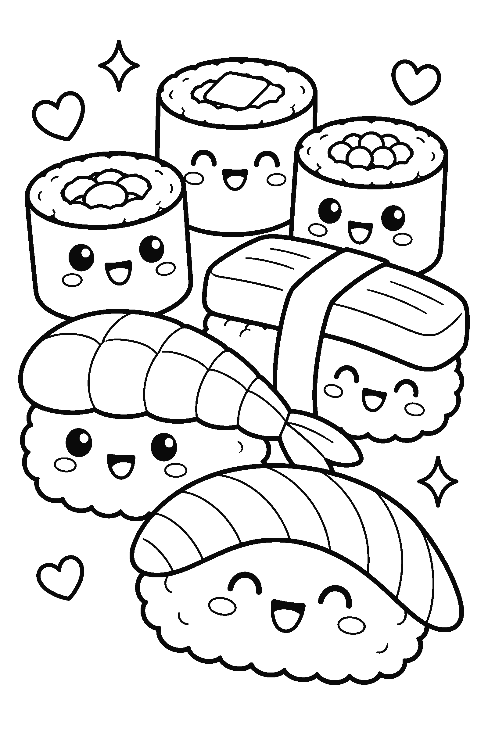 Coloring page of kawaii sushi pieces with happy faces