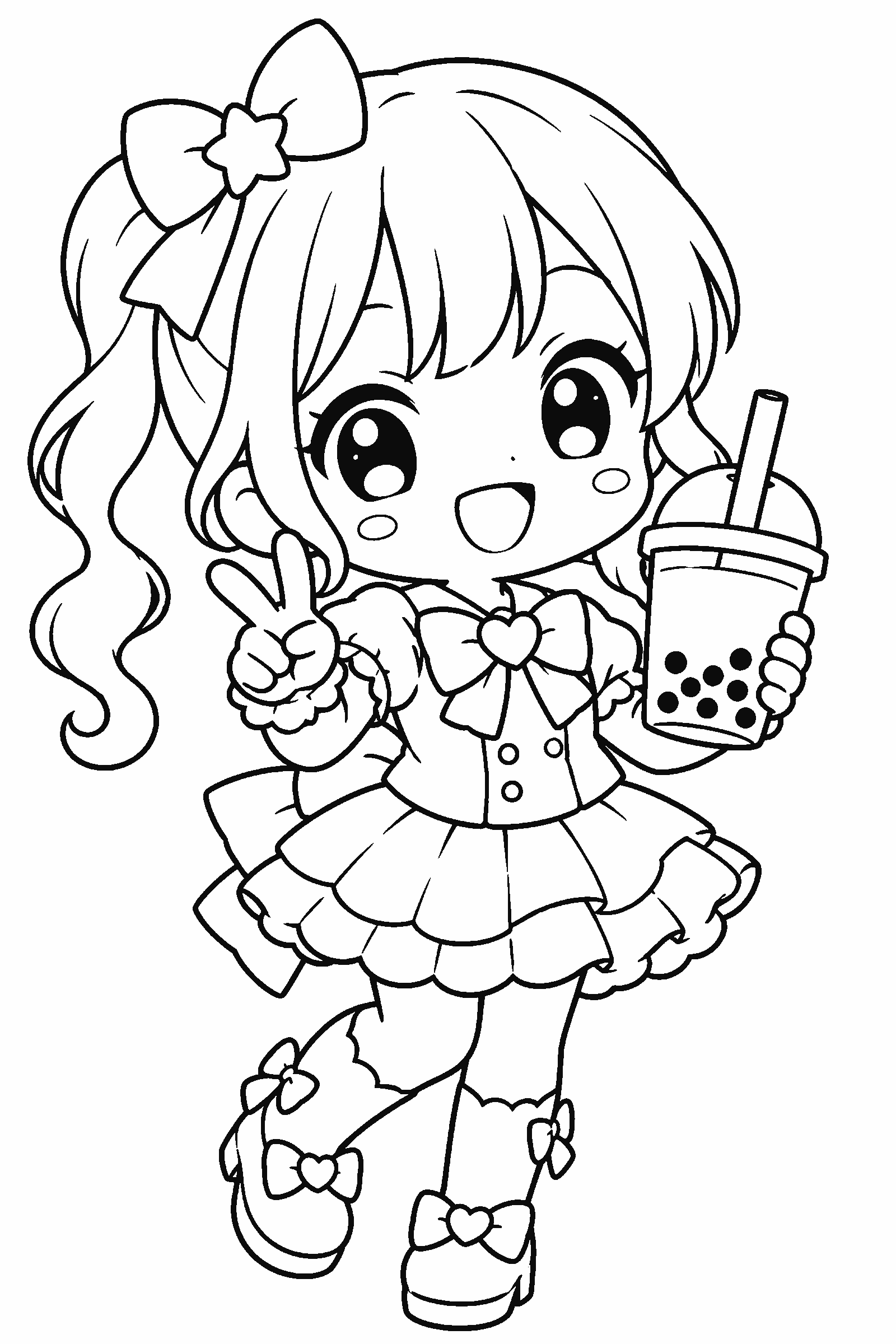 Coloring page of an original chibi idol with bubble tea