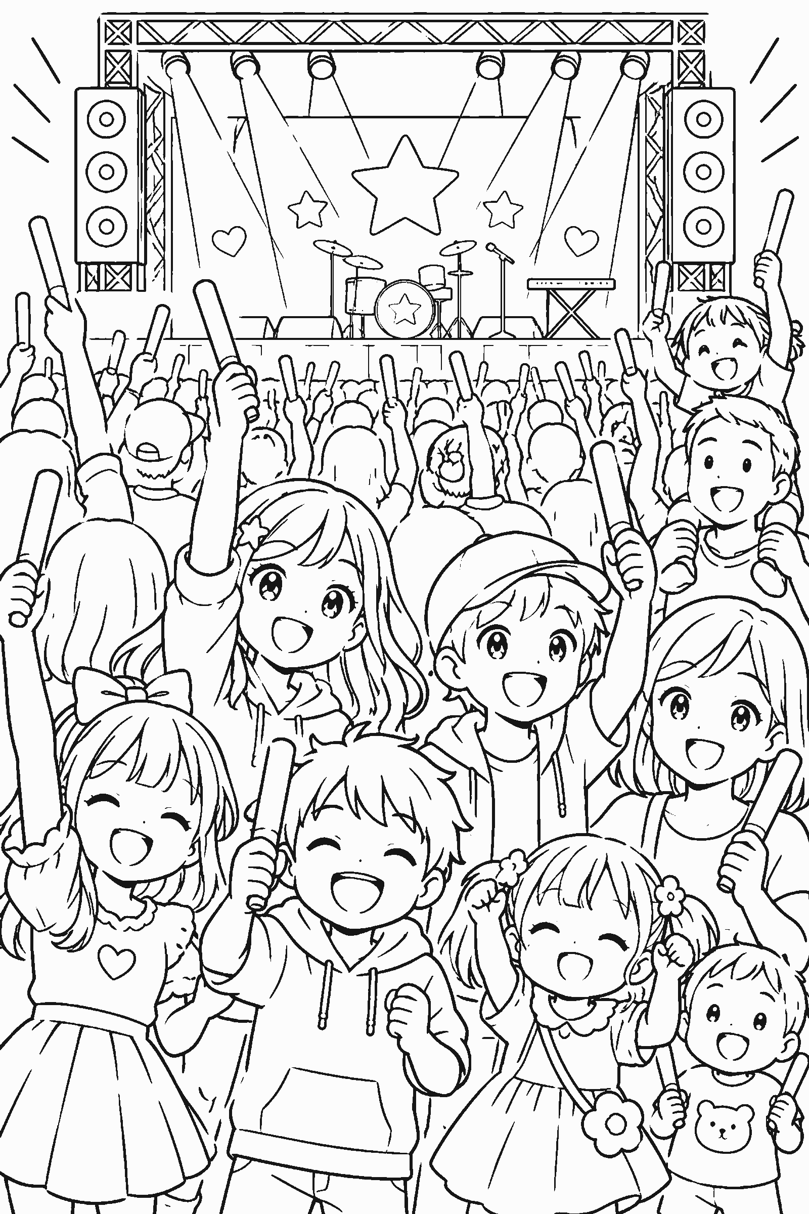 Coloring page of a concert crowd with lightsticks