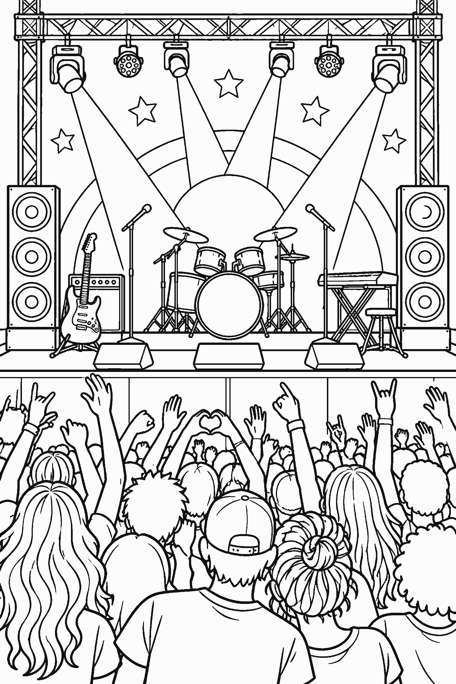 Coloring page of a concert stage with lights and a crowd