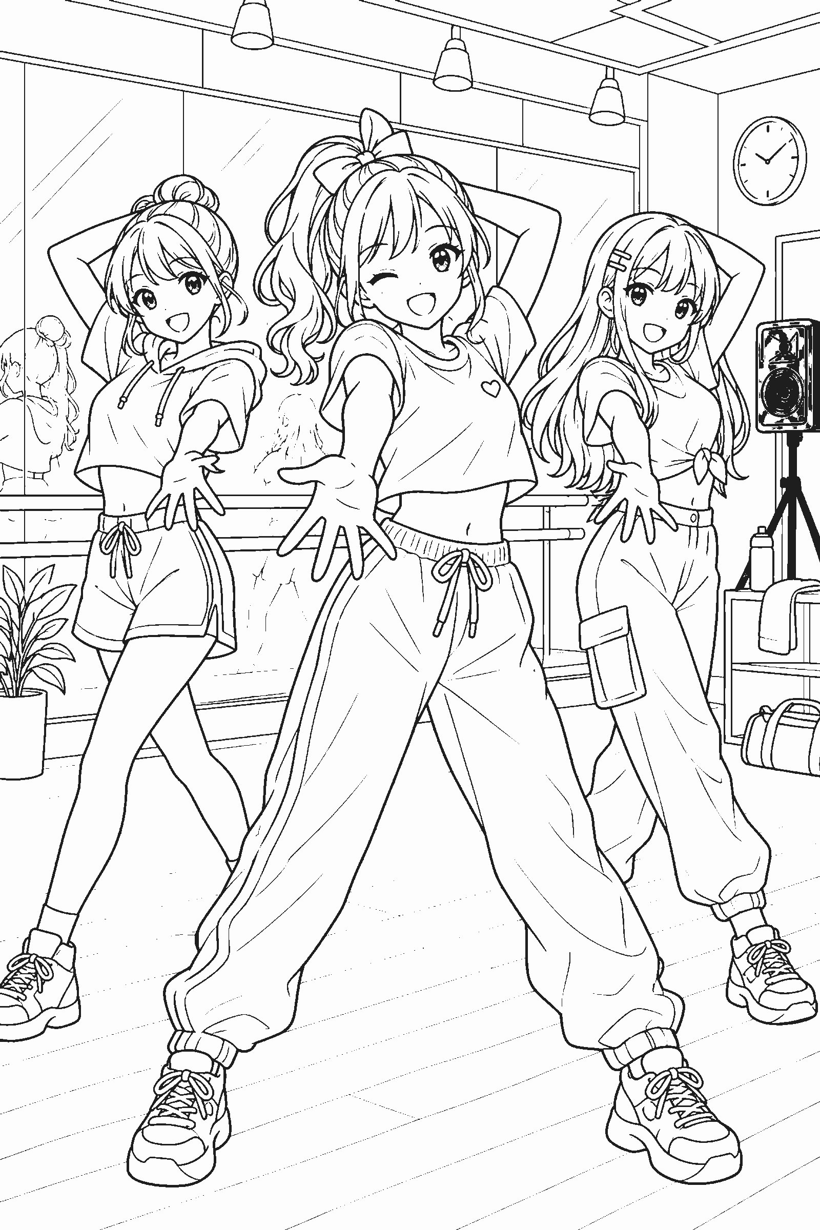 Coloring page of original idols in a dance practice room with mirrors