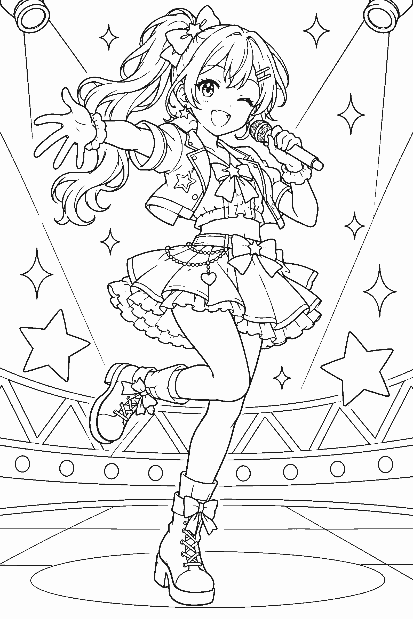 Coloring page of an original pop idol dancer in a stylish outfit