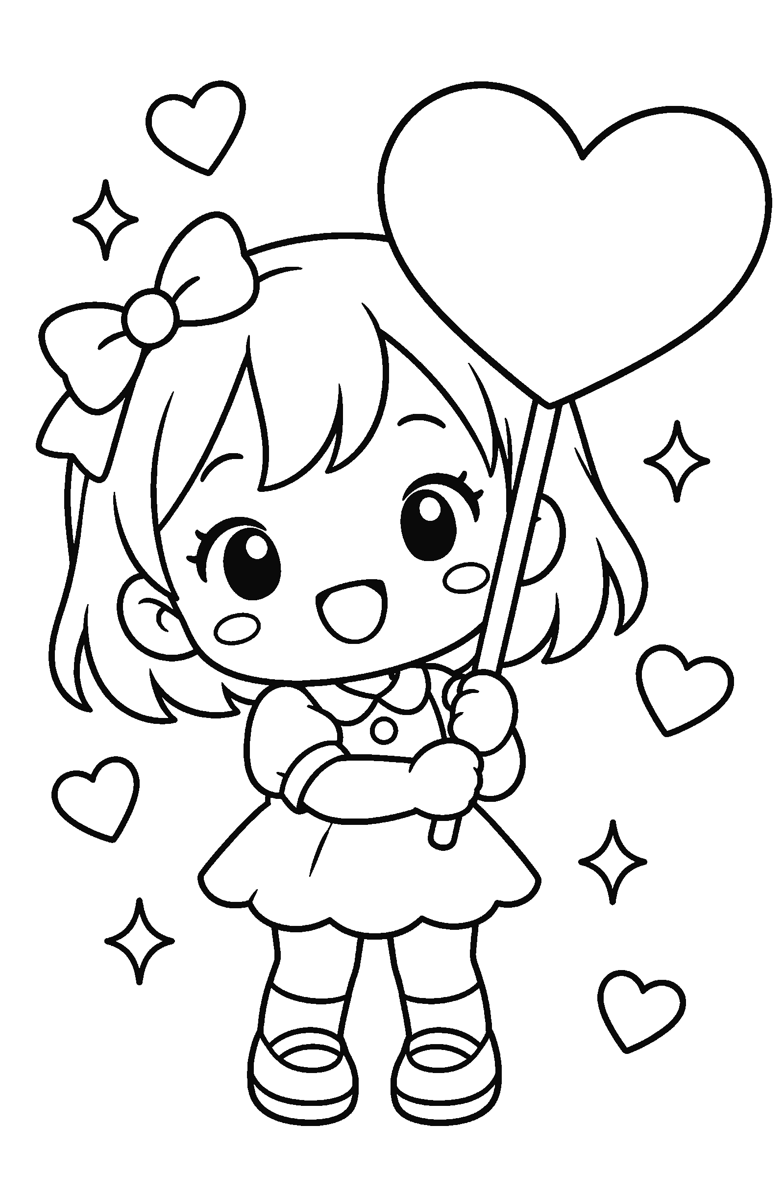 Coloring page of an original chibi fan holding a heart sign without letters