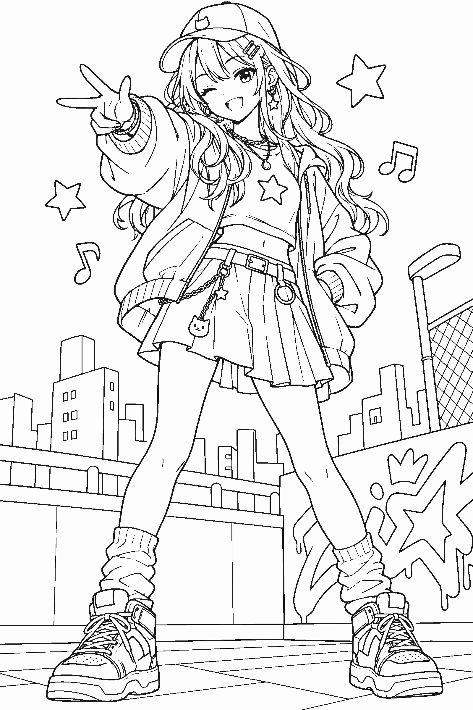 Coloring page of an original idol in streetwear fashion